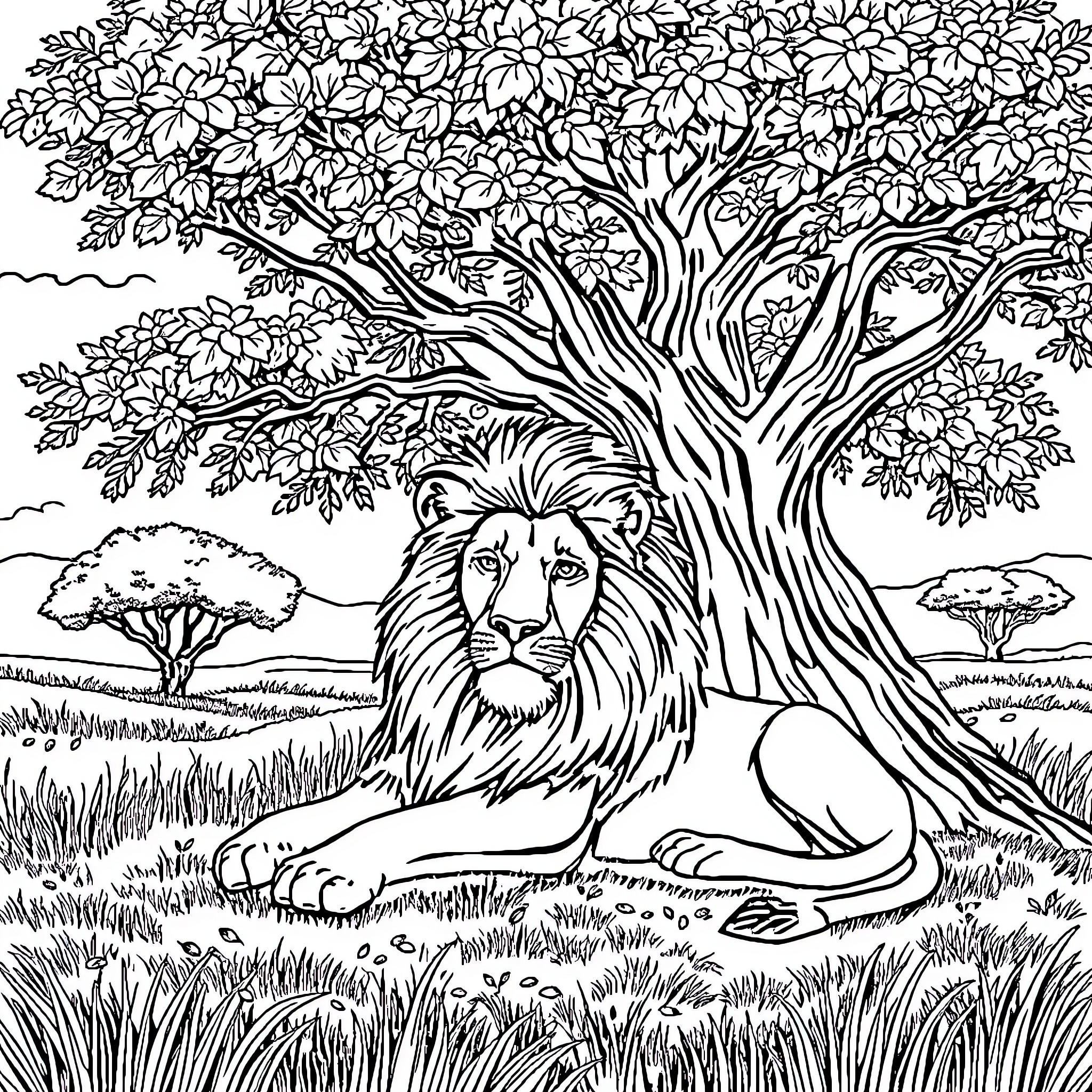 Lion resting under the lush foliage Coloring Page (free black-and-white line drawing printable PDF for all, from beginners to advanced learners, including children, teens, adults, and seniors)