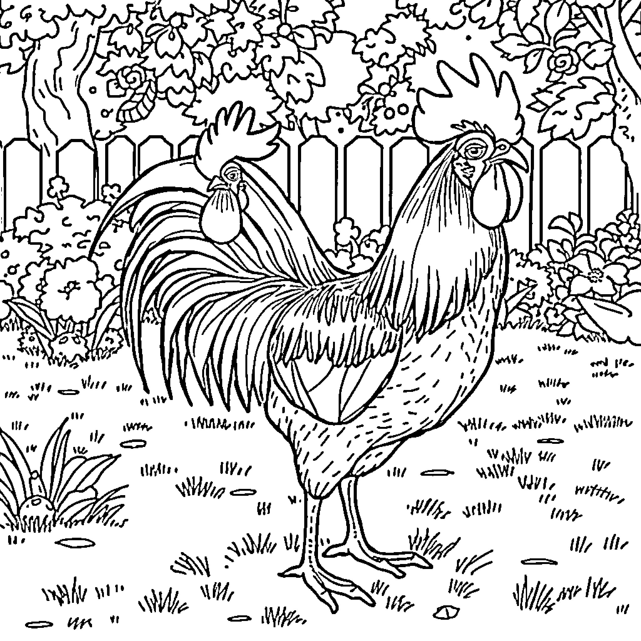 Rooster standing in a lush garden Coloring Page (free black-and-white line drawing printable PDF for all, from beginners to advanced learners, including children, teens, adults, and seniors)