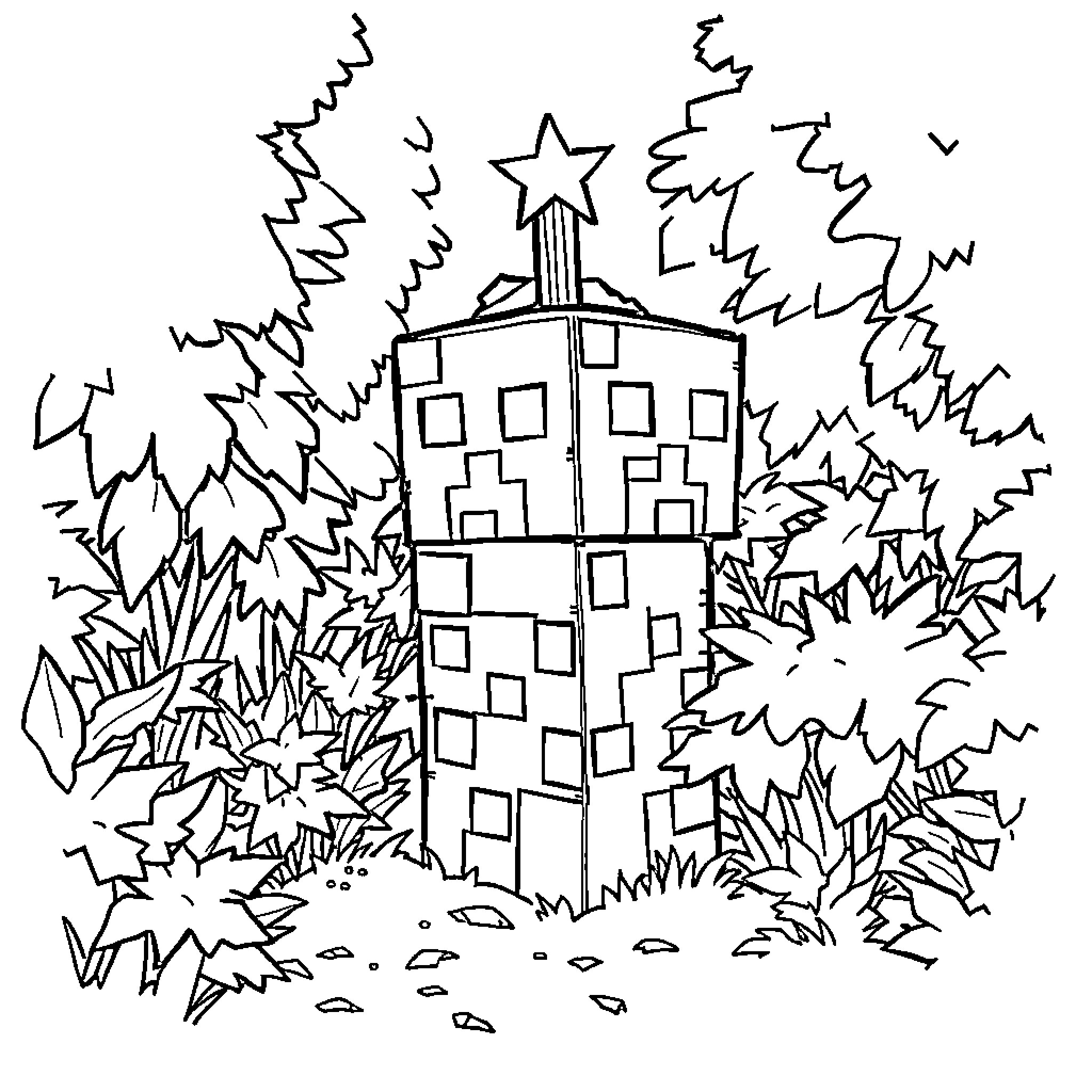 Creeper exploring a mysterious forest with a tall tower Coloring Page (free black-and-white line drawing printable PDF for all, from beginners to advanced learners, including children, teens, adults, and seniors)