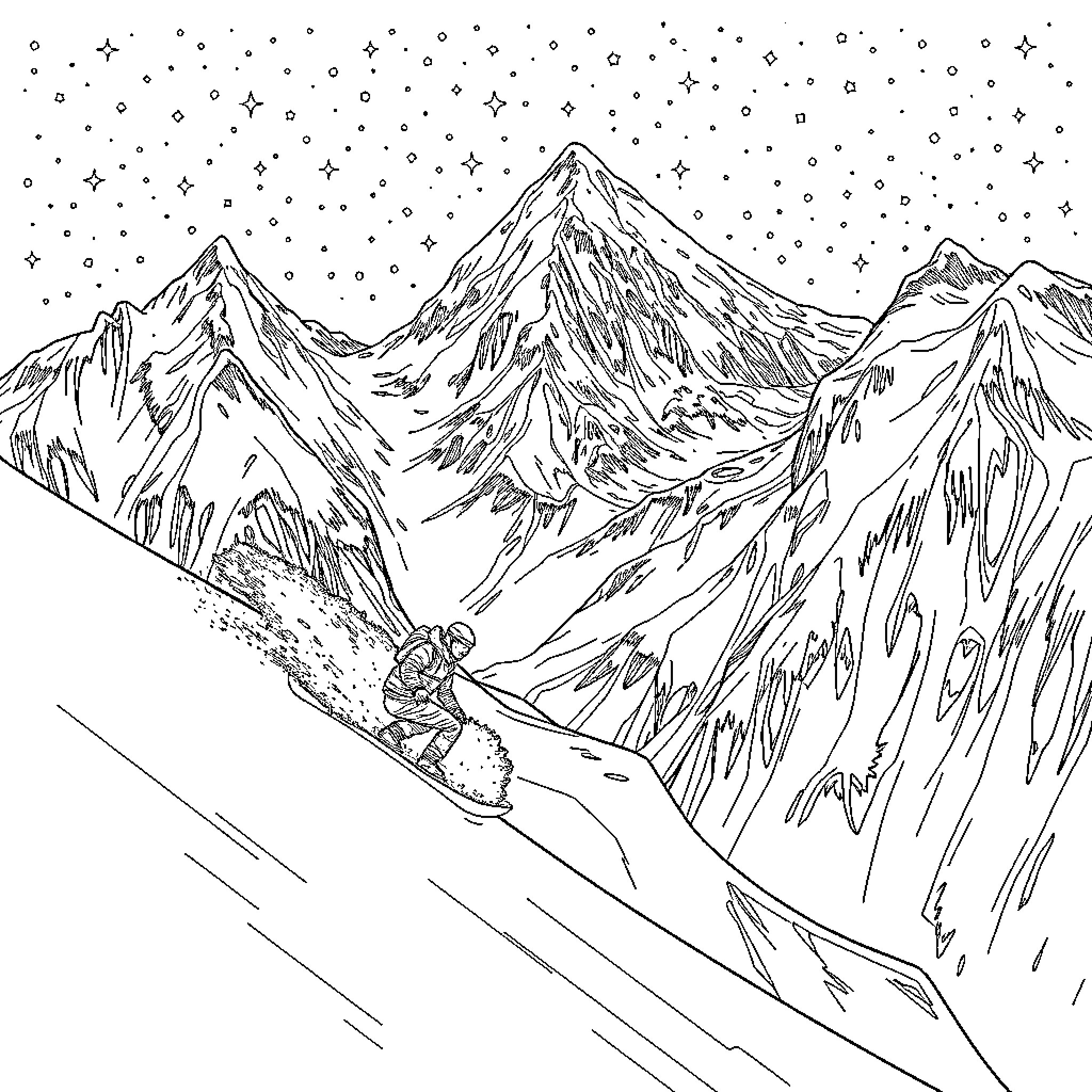 Snowboarder carving through snowy mountain landscape Coloring Page (free black-and-white line drawing printable PDF for all, from beginners to advanced learners, including children, teens, adults, and seniors)