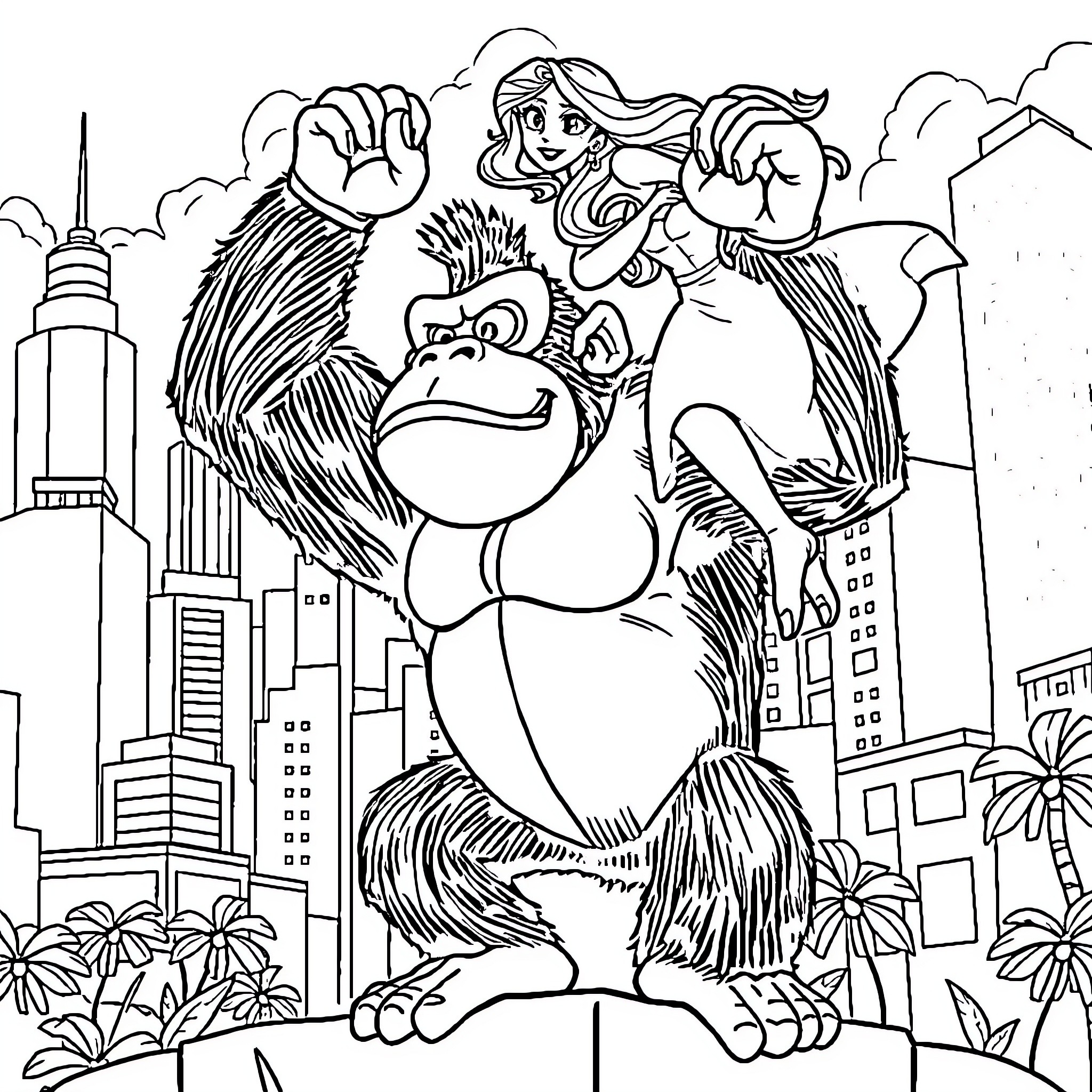 Donkey Kong and Pauline in New York City Coloring Page (free black-and-white line drawing printable PDF for all, from beginners to advanced learners, including children, teens, adults, and seniors)