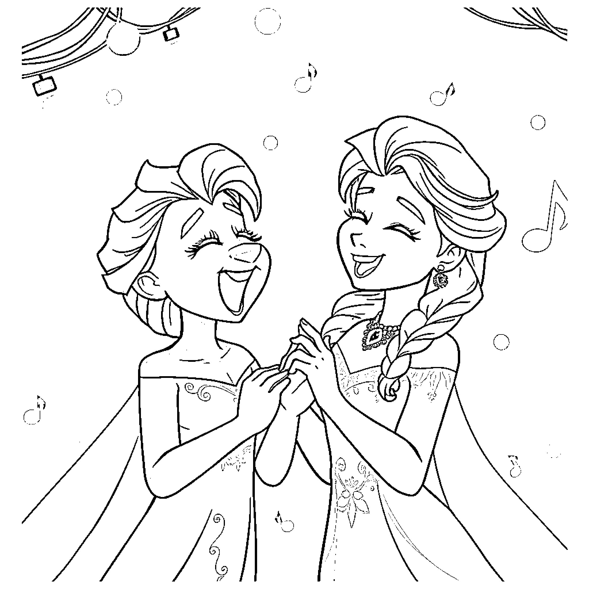 Bluey sisters celebrating with music and joy Coloring Page (free black-and-white line drawing printable PDF for all, from beginners to advanced learners, including children, teens, adults, and seniors)