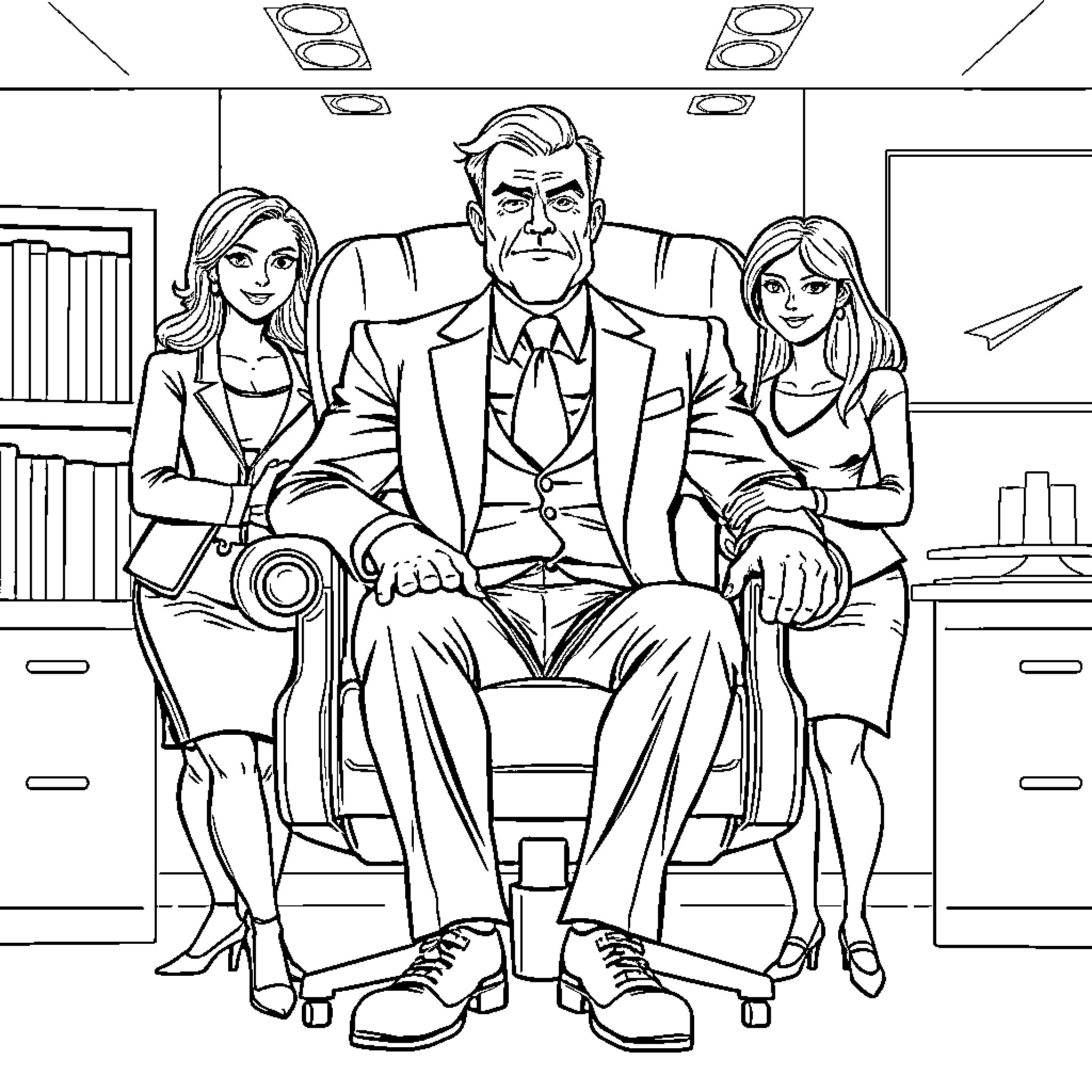 Boss posing with two women in an office setting Coloring Page (free black-and-white line drawing printable PDF for all, from beginners to advanced learners, including children, teens, adults, and seniors)