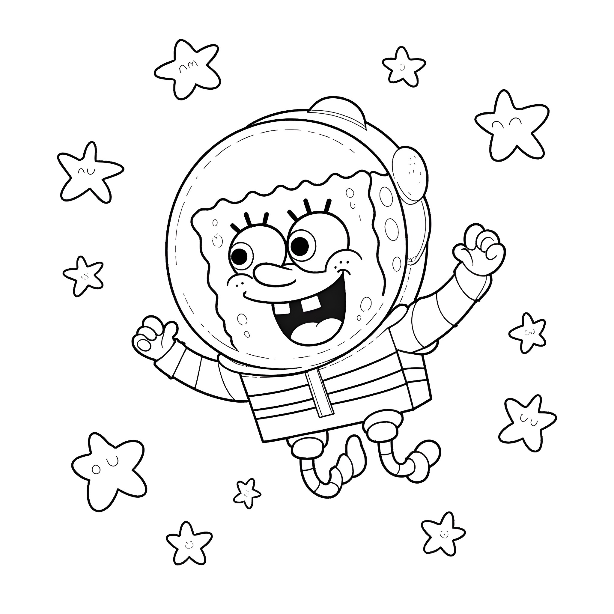 Spongebob floating happily among the stars Coloring Page (free black-and-white line drawing printable PDF for all, from beginners to advanced learners, including children, teens, adults, and seniors)