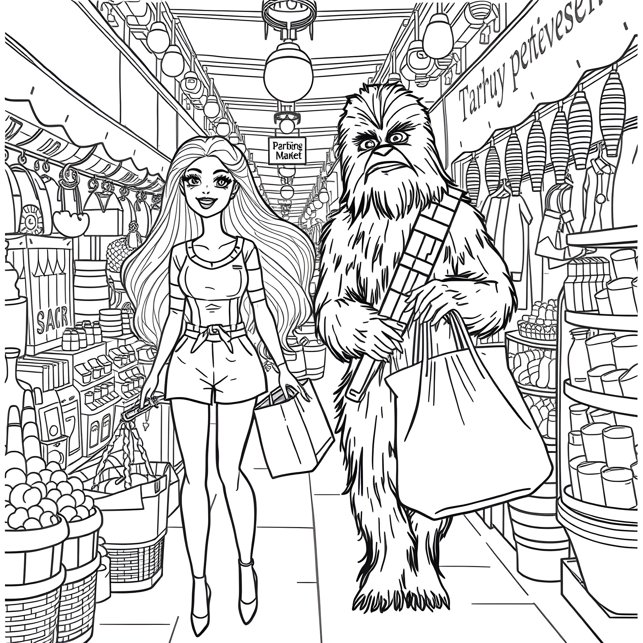 Barbie and Chewbacca shopping in a store Coloring Page (free black-and-white line drawing printable PDF for all, from beginners to advanced learners, including children, teens, adults, and seniors)