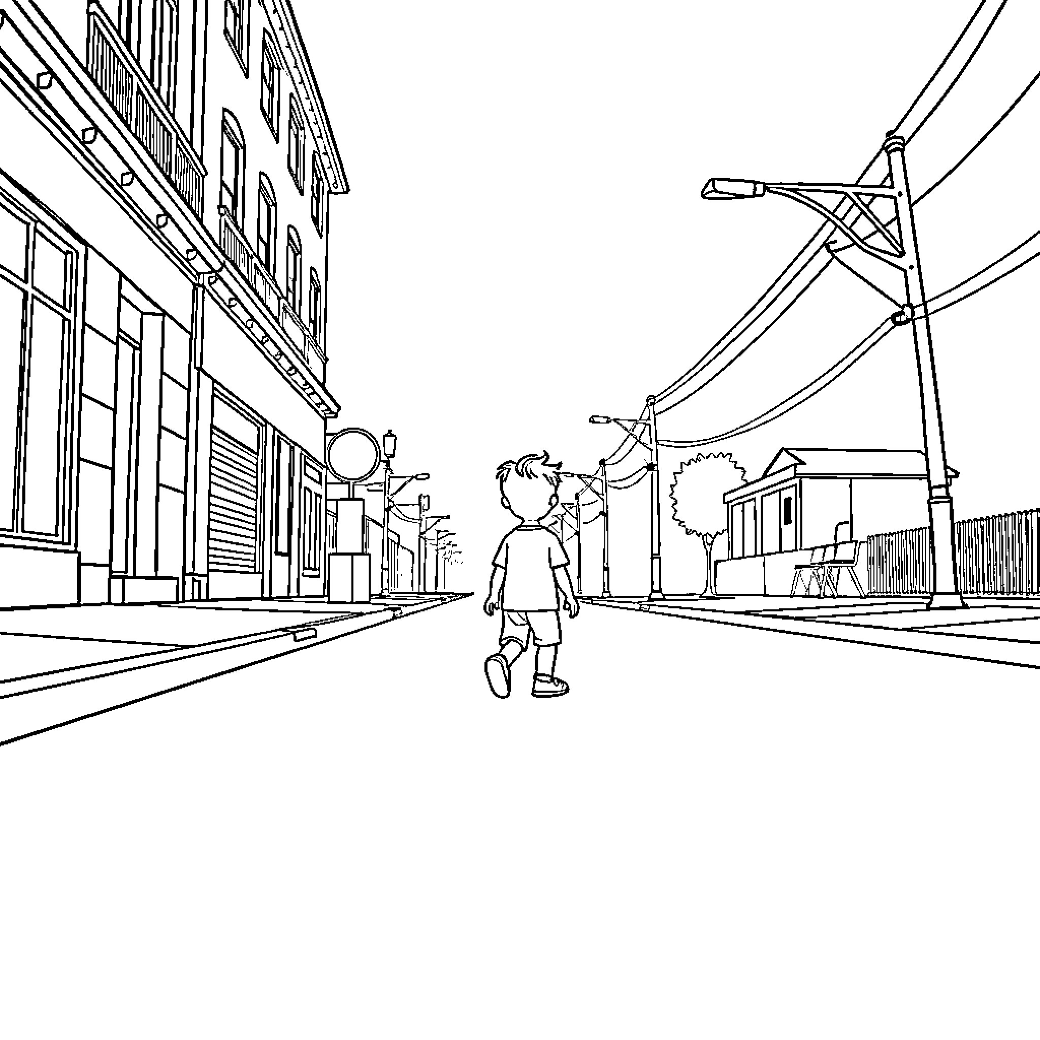 Kid walking alone on a city street Coloring Page (free black-and-white line drawing printable PDF for all, from beginners to advanced learners, including children, teens, adults, and seniors)