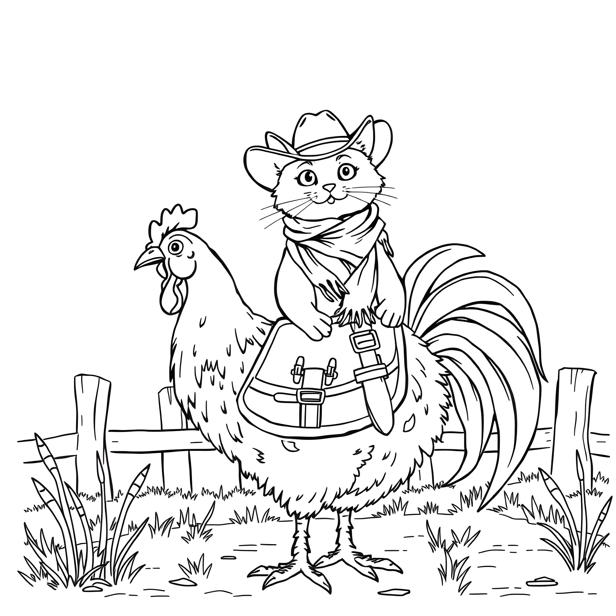 Cat cowboy posing with a rooster on a farm Coloring Page (free black-and-white line drawing printable PDF for all, from beginners to advanced learners, including children, teens, adults, and seniors)