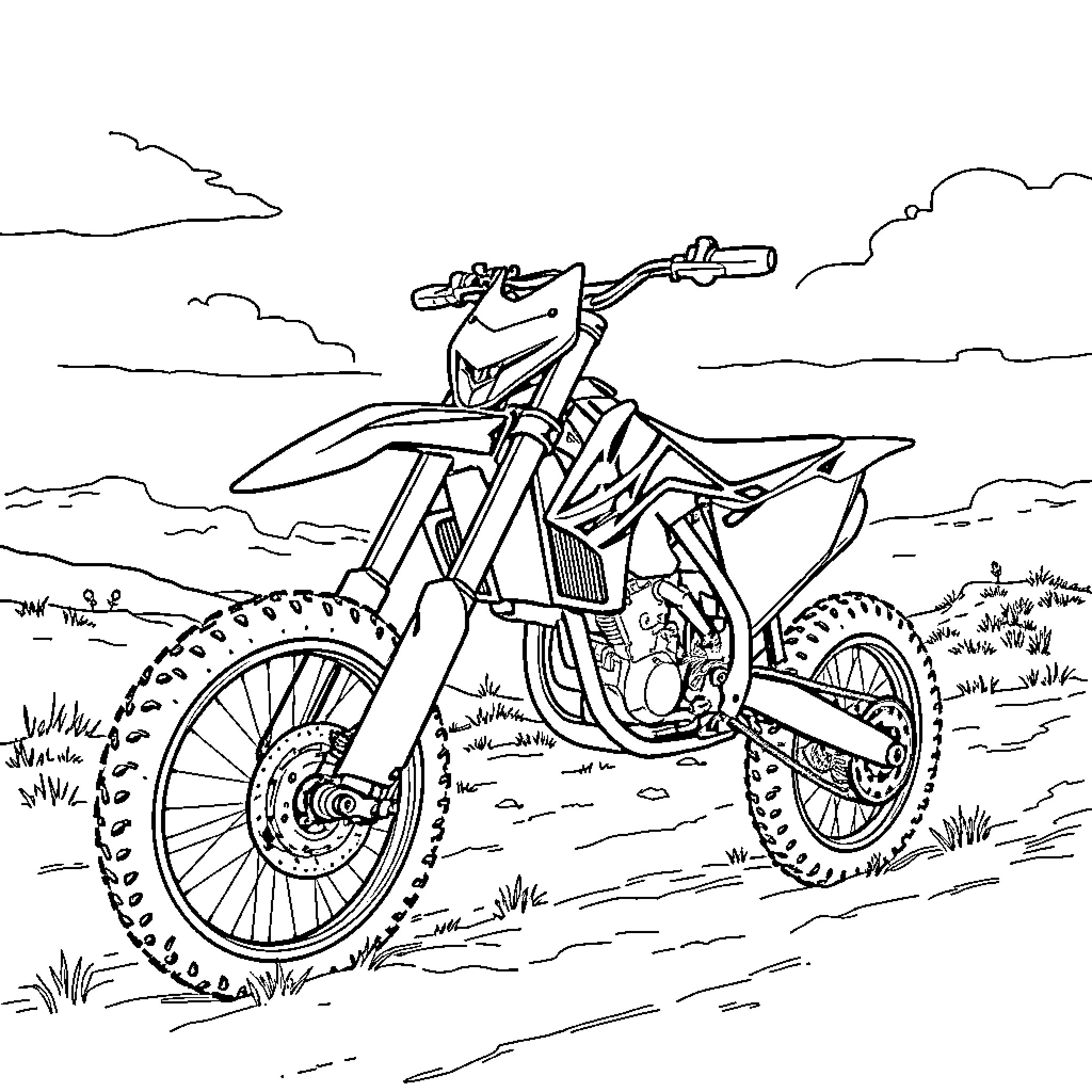 Dirtbike racing through off-road terrain Coloring Page (free black-and-white line drawing printable PDF for all, from beginners to advanced learners, including children, teens, adults, and seniors)