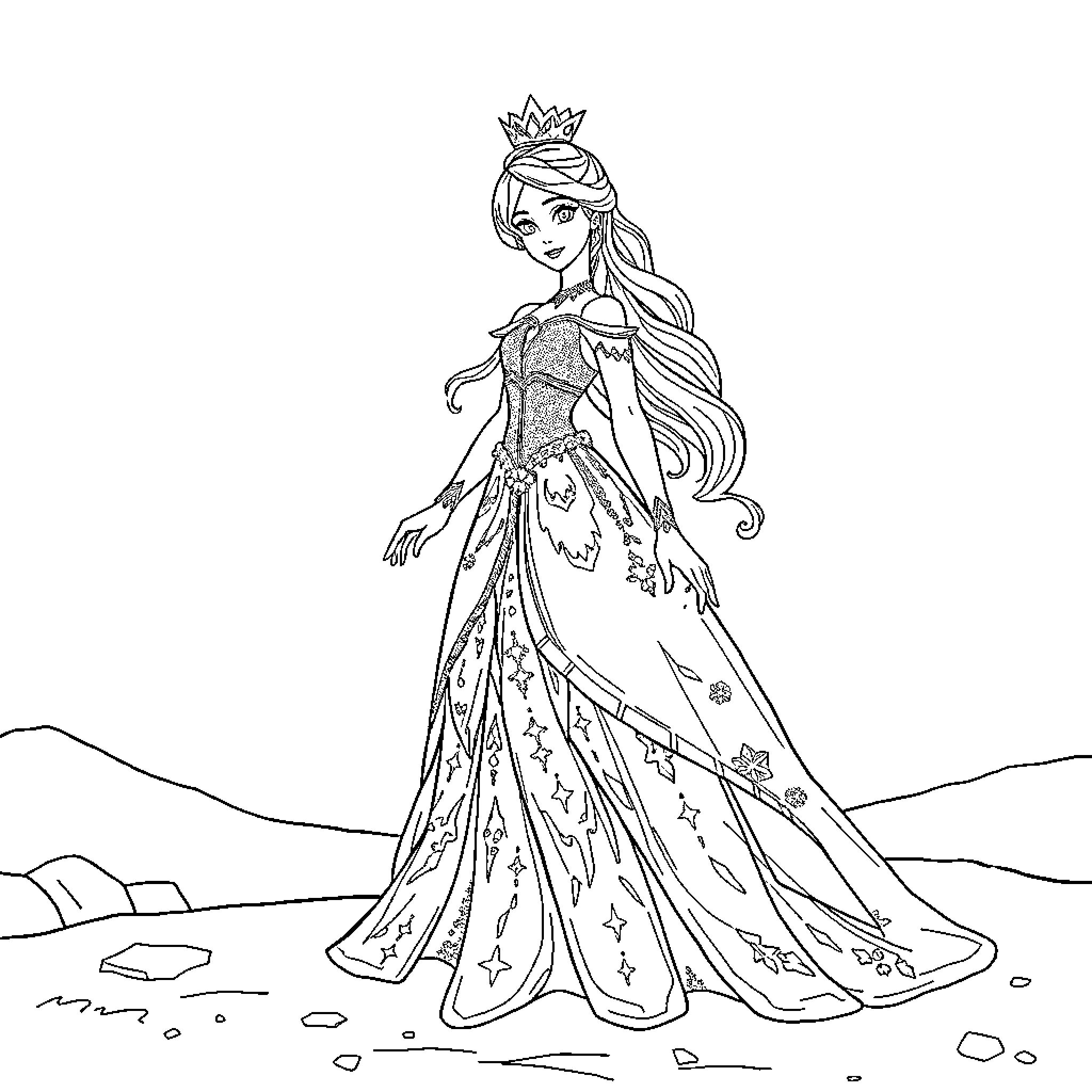 Ice Princess in Elegant Starry Gown Coloring Page (free black-and-white line drawing printable PDF for all, from beginners to advanced learners, including children, teens, adults, and seniors)