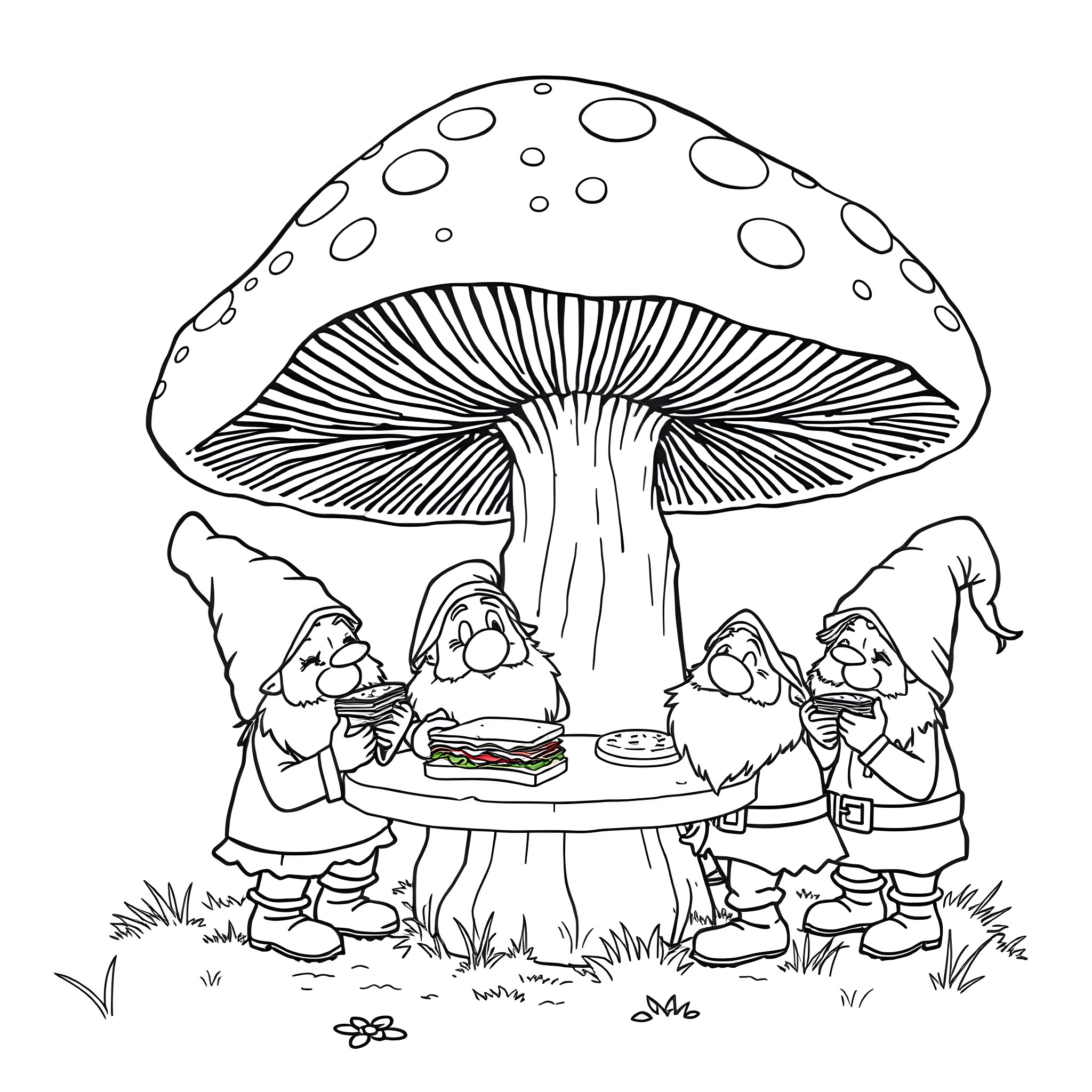 Dwarf friends enjoying a meal under a large mushroom Coloring Page (free black-and-white line drawing printable PDF for all, from beginners to advanced learners, including children, teens, adults, and seniors)