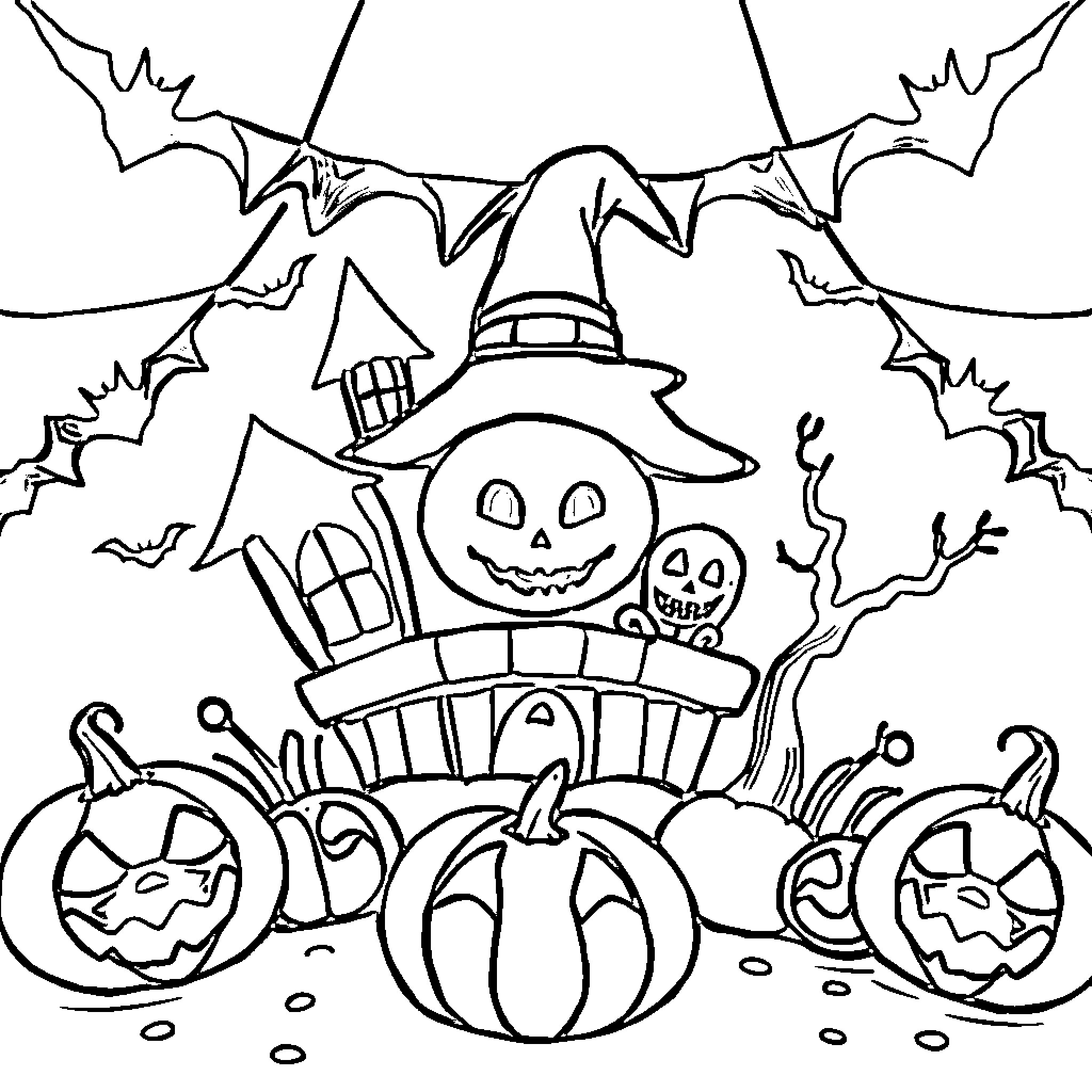 Halloween haunted house with pumpkins and bats Coloring Page (free black-and-white line drawing printable PDF for all, from beginners to advanced learners, including children, teens, adults, and seniors)