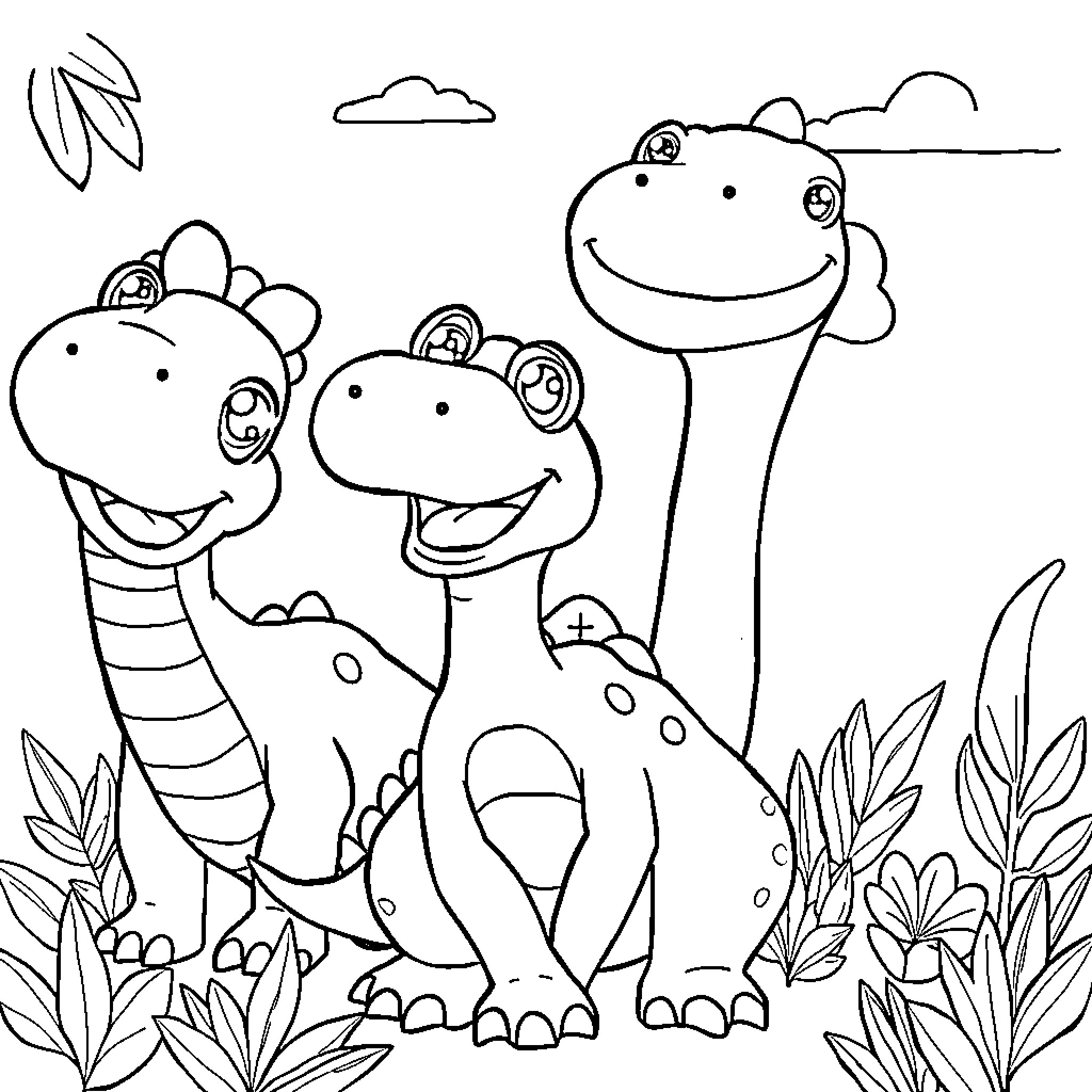 Dinosaurs playing together in lush green foliage Coloring Page (free black-and-white line drawing printable PDF for all, from beginners to advanced learners, including children, teens, adults, and seniors)