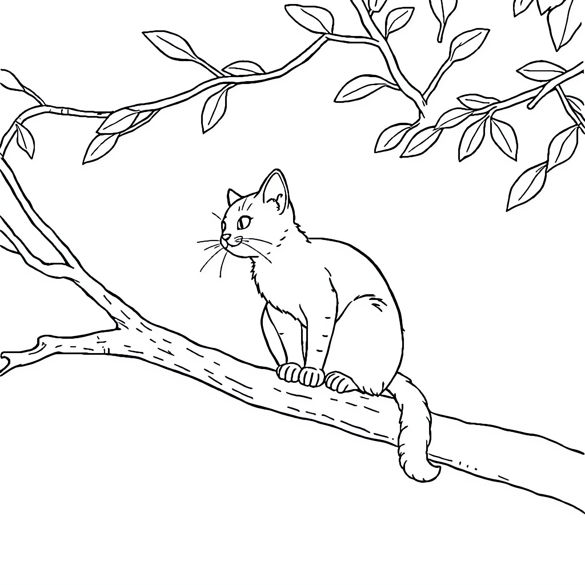 Cat resting on a tree branch Coloring Page (free black-and-white line drawing printable PDF for all, from beginners to advanced learners, including children, teens, adults, and seniors)