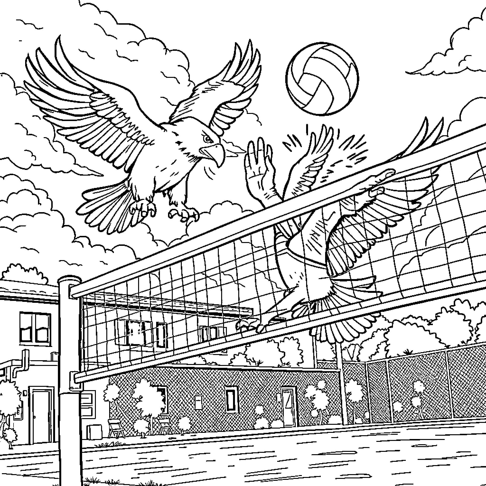 Eagle soaring above volleyball court Coloring Page (free black-and-white line drawing printable PDF for all, from beginners to advanced learners, including children, teens, adults, and seniors)