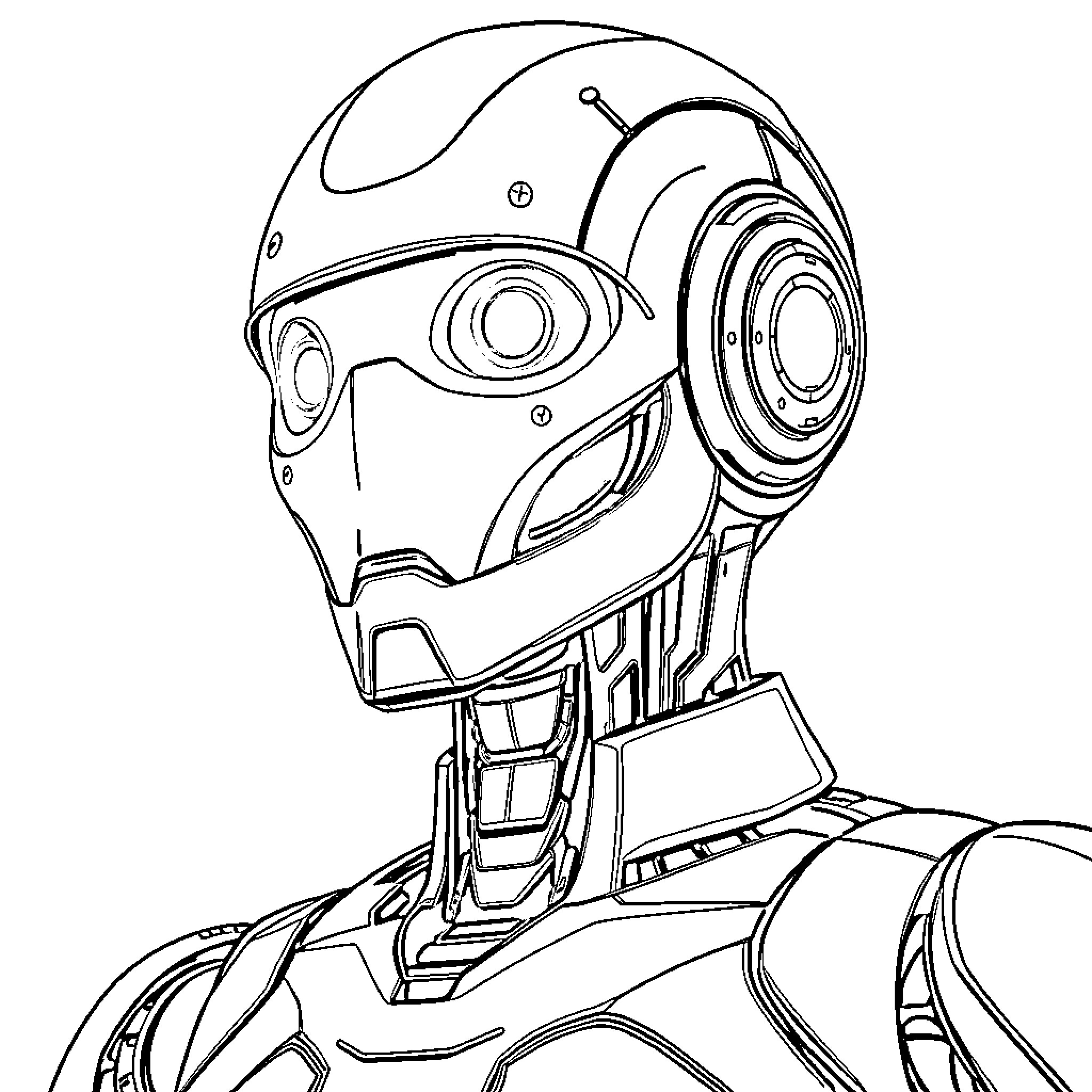 Robot with futuristic helmet and detailed design Coloring Page (free black-and-white line drawing printable PDF for all, from beginners to advanced learners, including children, teens, adults, and seniors)