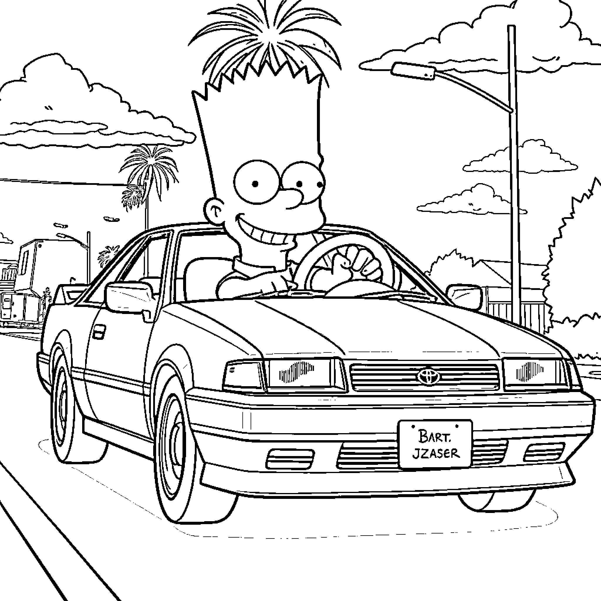 Bart Simpson driving a sports car on the beach Coloring Page (free black-and-white line drawing printable PDF for all, from beginners to advanced learners, including children, teens, adults, and seniors)
