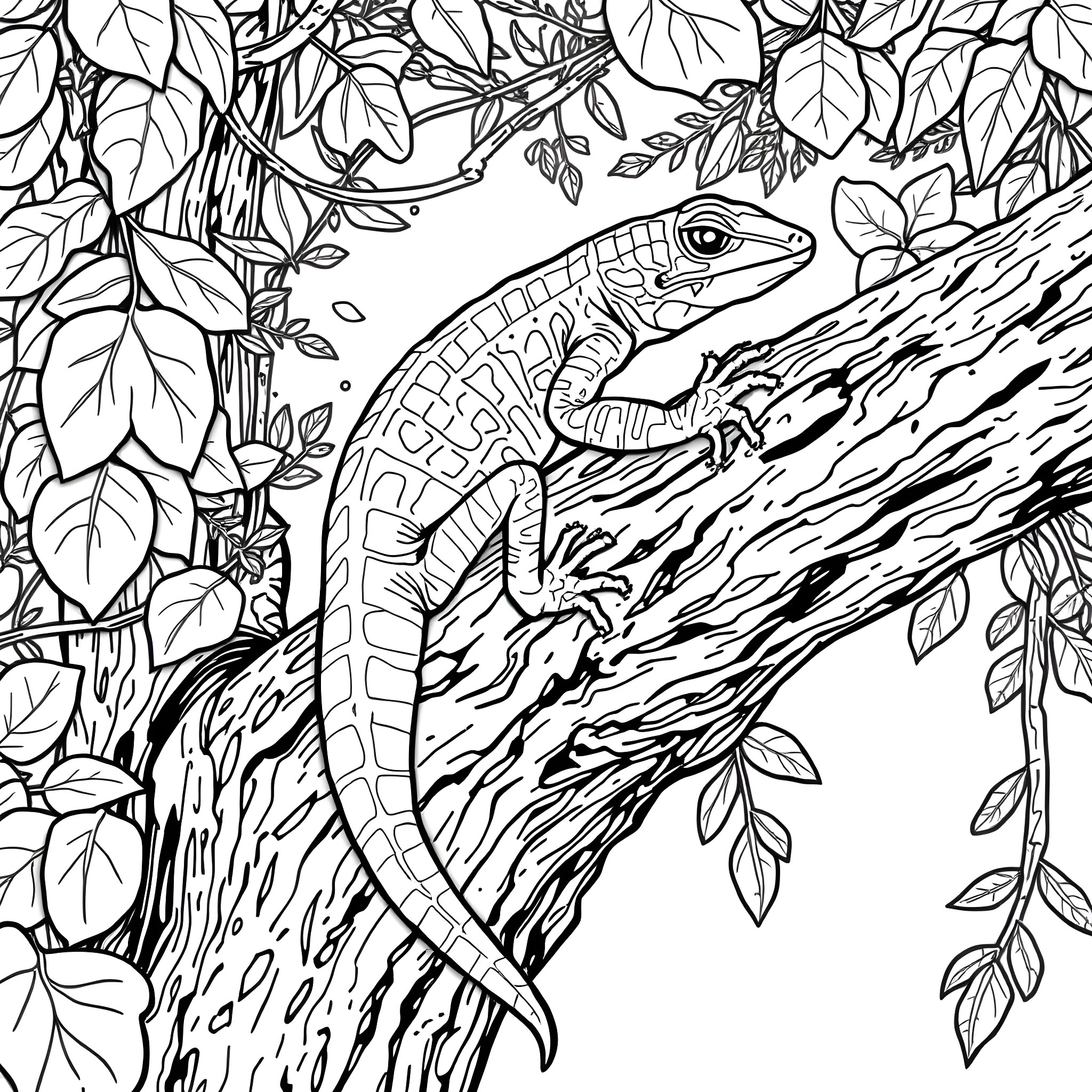 Emerald Tree Skink climbing on a tree trunk Coloring Page (free black-and-white line drawing printable PDF for all, from beginners to advanced learners, including children, teens, adults, and seniors)