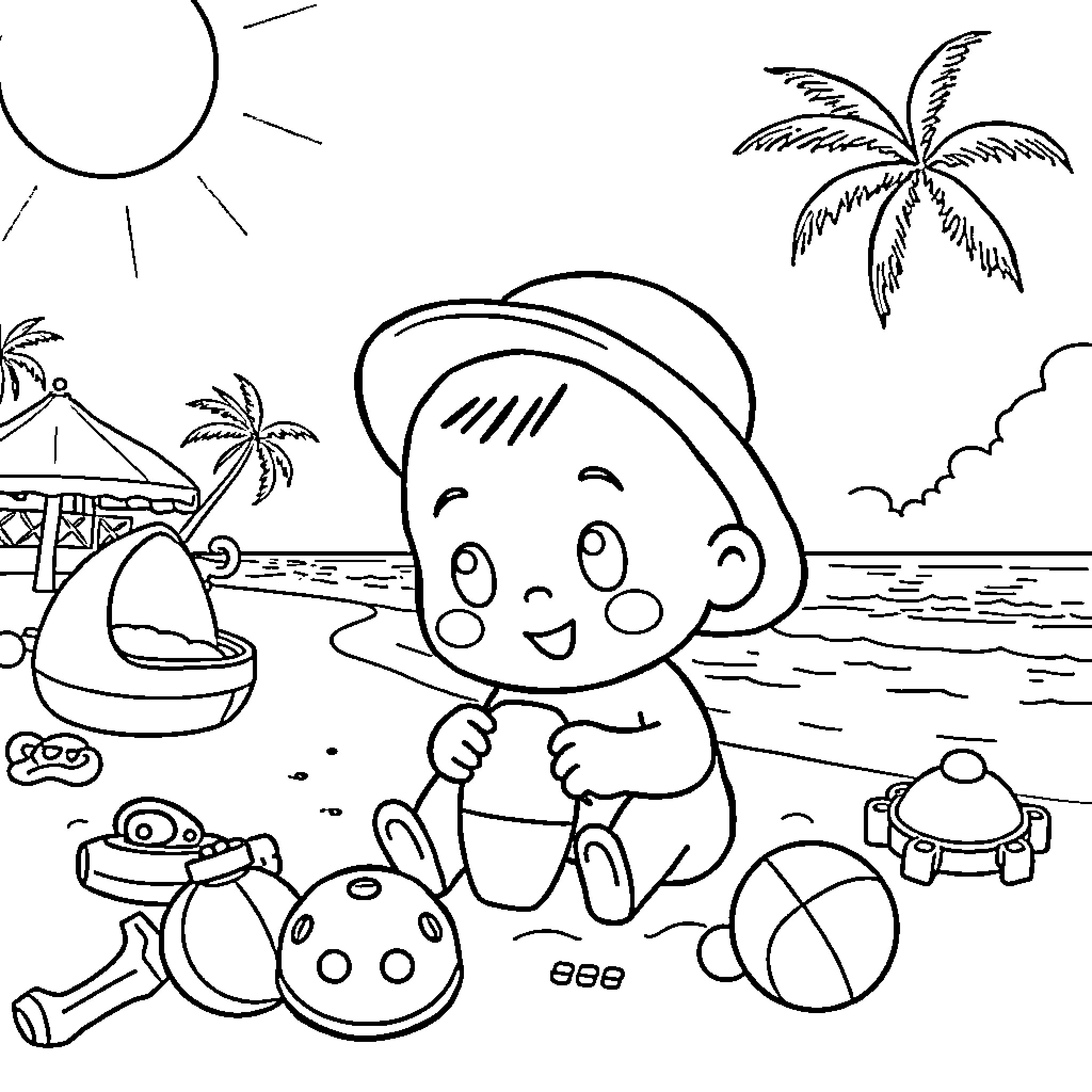 Pocoyo playing at the beach with toys Coloring Page (free black-and-white line drawing printable PDF for all, from beginners to advanced learners, including children, teens, adults, and seniors)