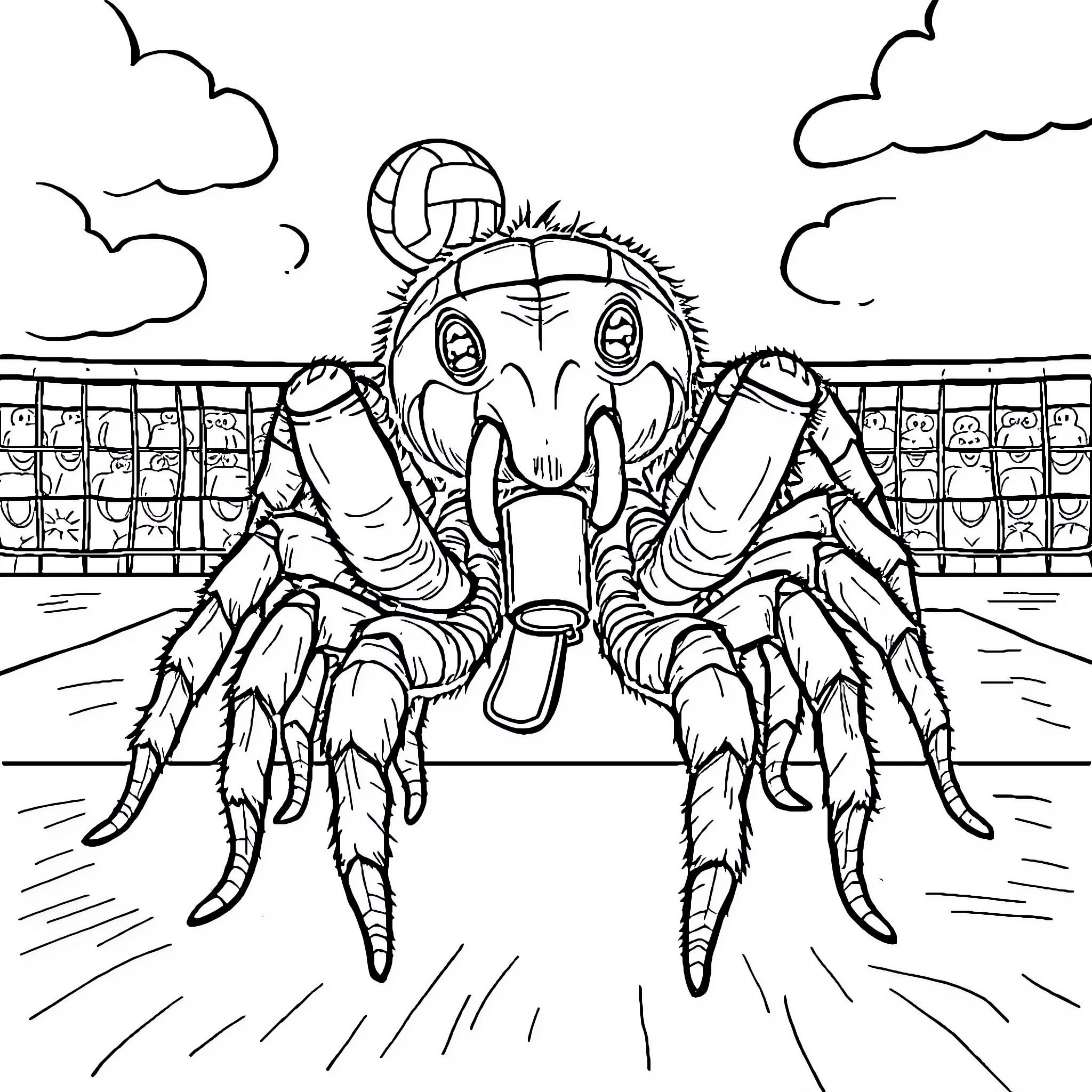 Tarantula playing volleyball on the court Coloring Page (free black-and-white line drawing printable PDF for all, from beginners to advanced learners, including children, teens, adults, and seniors)