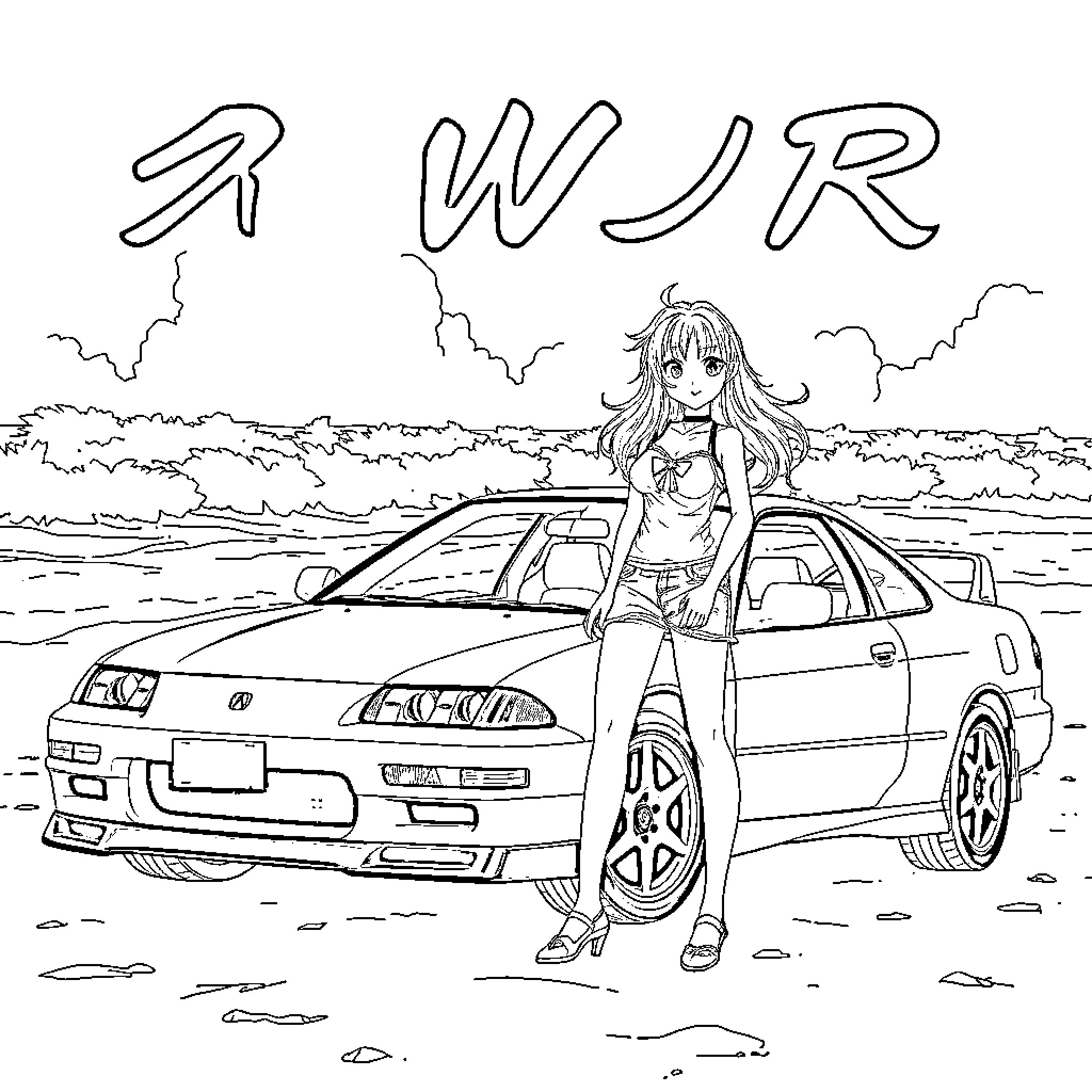 Anime Girl posing with sports car in scenic landscape Coloring Page (free black-and-white line drawing printable PDF for all, from beginners to advanced learners, including children, teens, adults, and seniors)