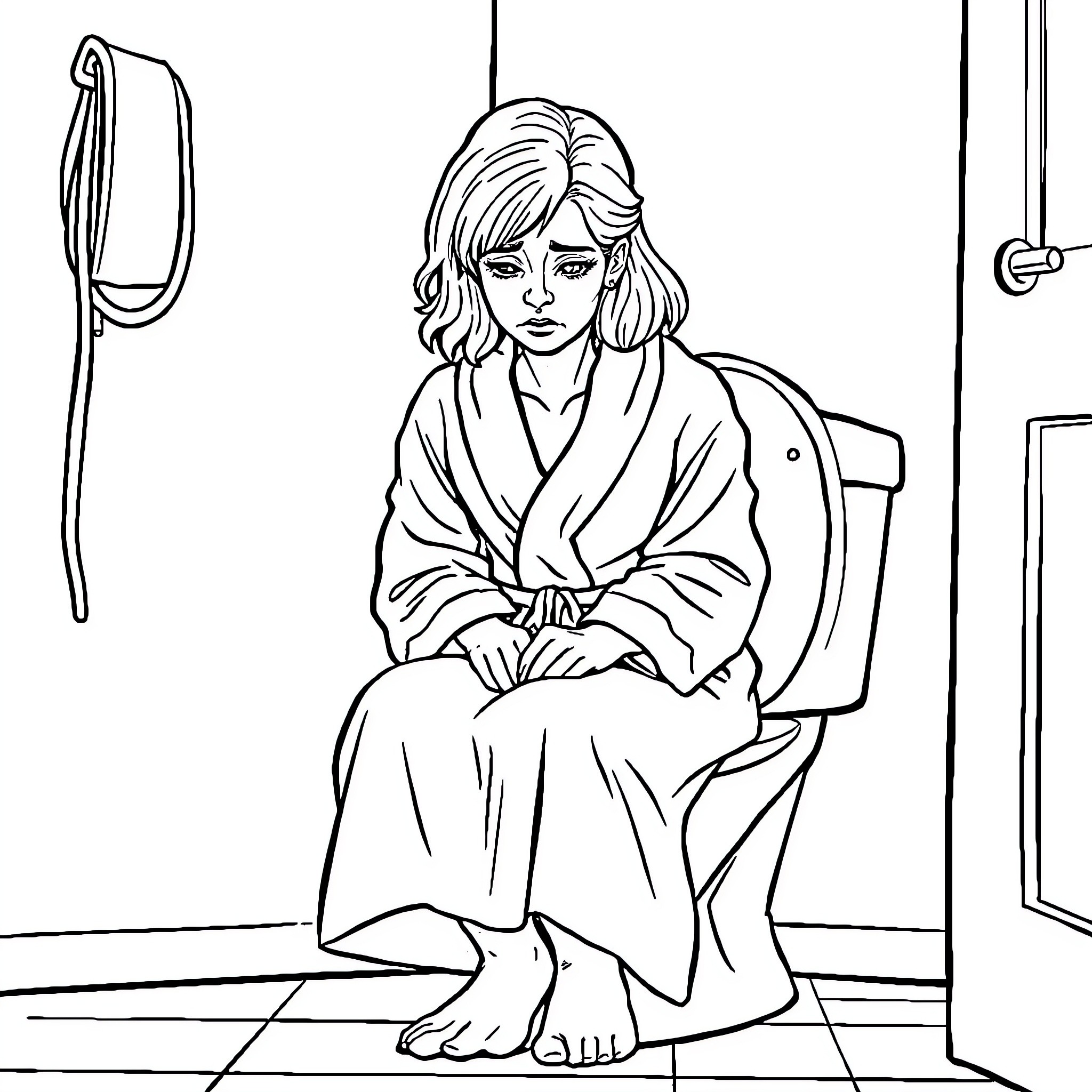 Lady sits pensive in bathroom Coloring Page (free black-and-white line drawing printable PDF for all, from beginners to advanced learners, including children, teens, adults, and seniors)
