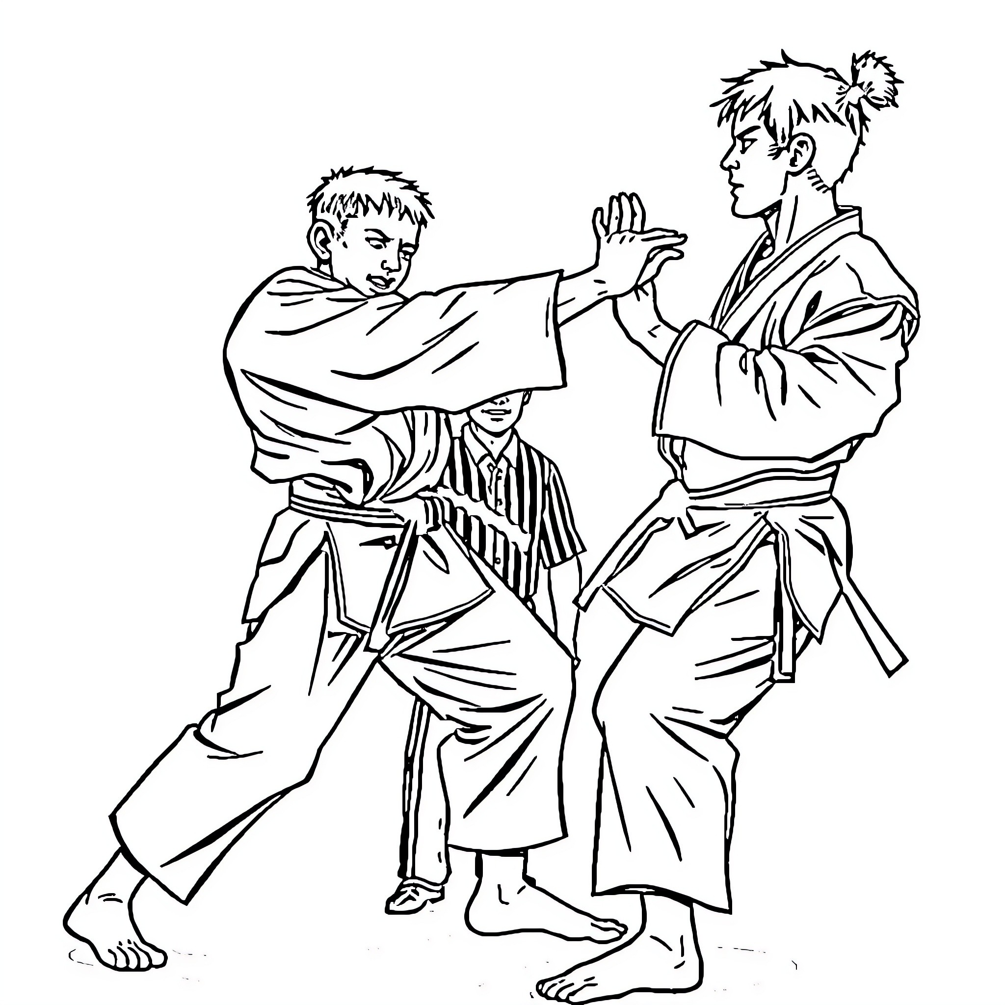Karateka in action: Two martial artists in intense combat Coloring Page (free black-and-white line drawing printable PDF for all, from beginners to advanced learners, including children, teens, adults, and seniors)