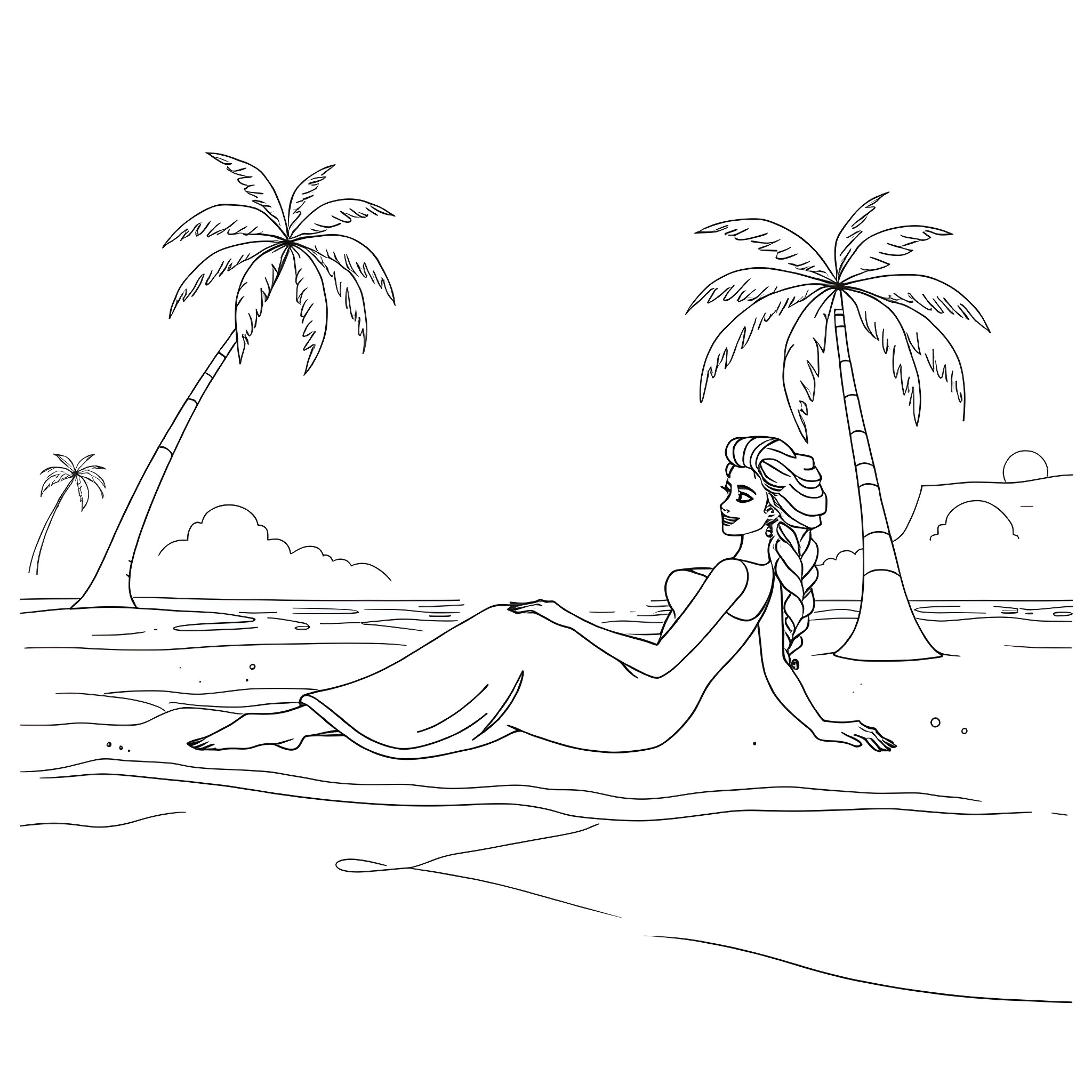 Elsa relaxing on a tropical beach Coloring Page (free black-and-white line drawing printable PDF for all, from beginners to advanced learners, including children, teens, adults, and seniors)