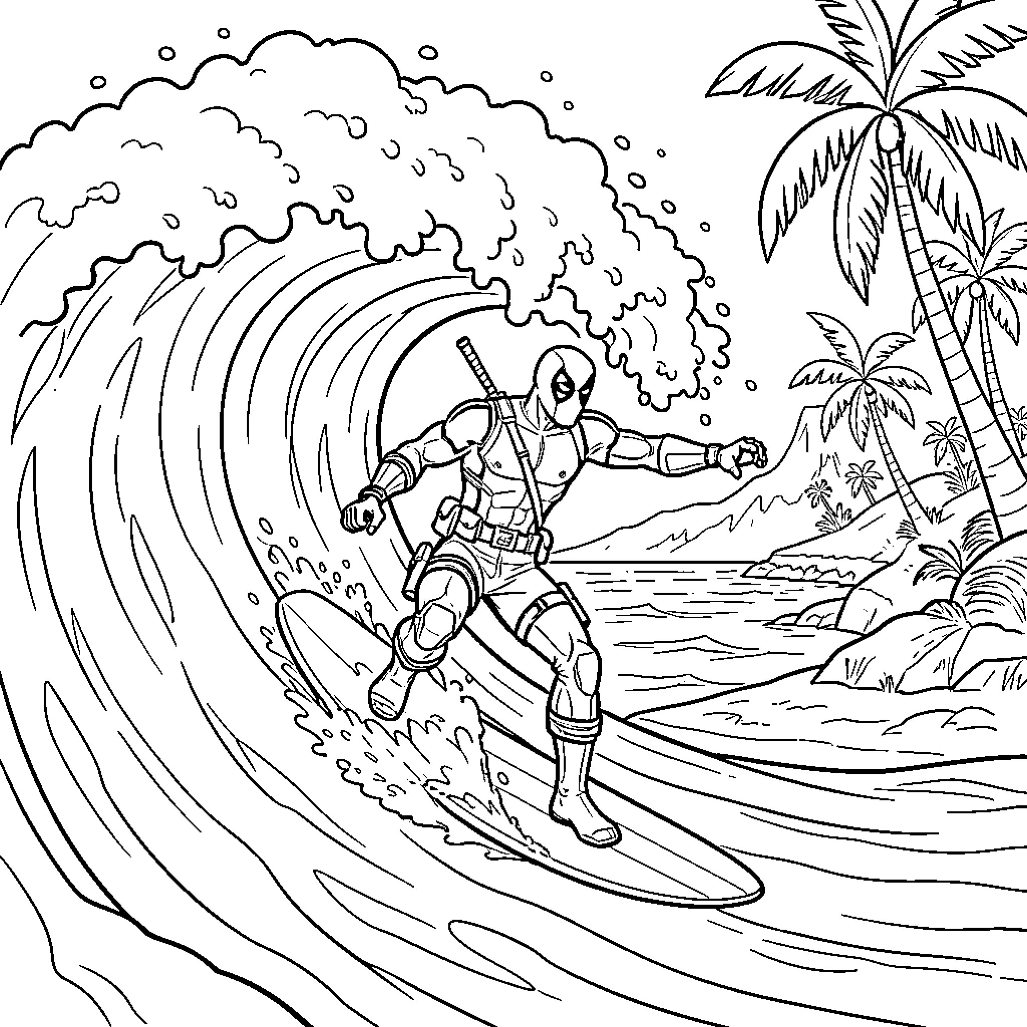 Deadpool surfing on a large ocean wave Coloring Page (free black-and-white line drawing printable PDF for all, from beginners to advanced learners, including children, teens, adults, and seniors)