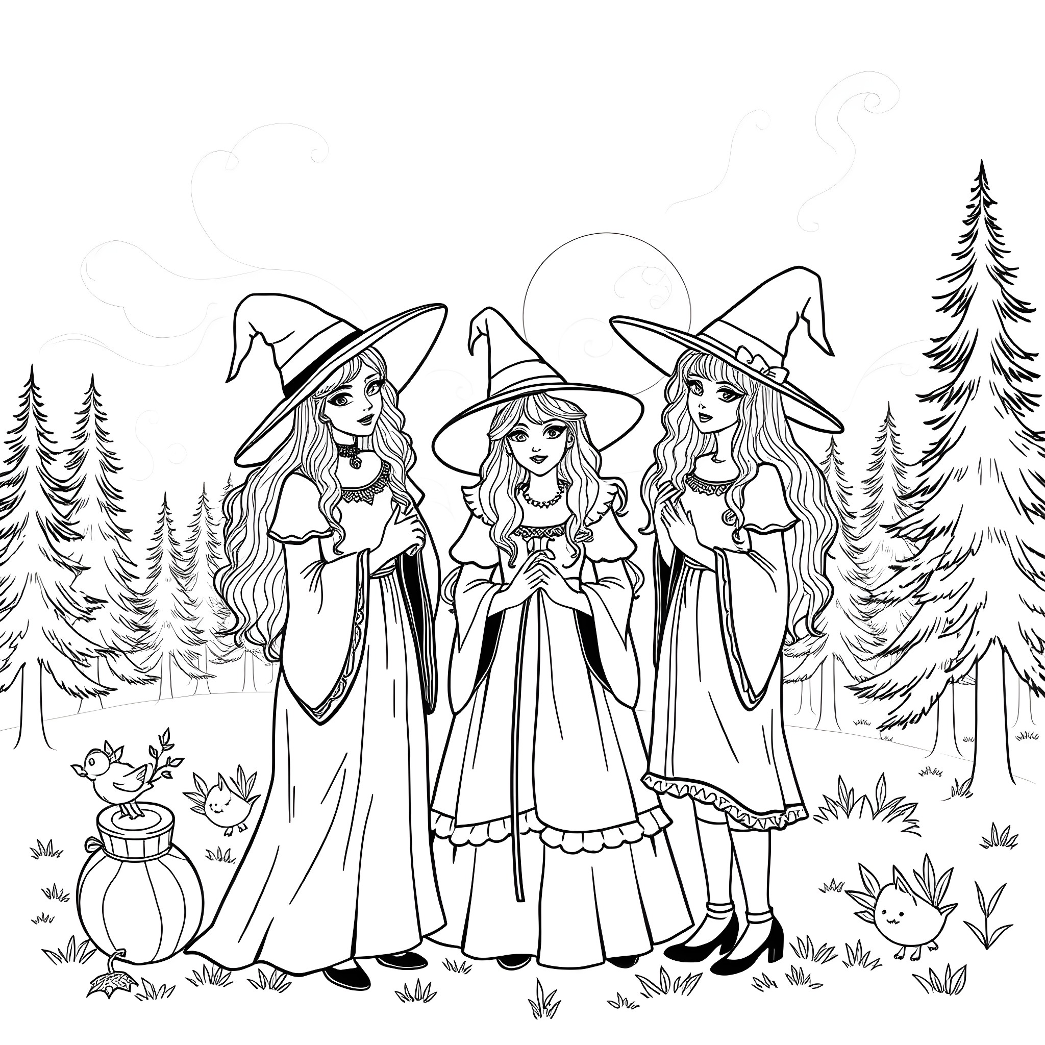Sanderson Sisters Gathered in Mystical Forest Coloring Page (free black-and-white line drawing printable PDF for all, from beginners to advanced learners, including children, teens, adults, and seniors)