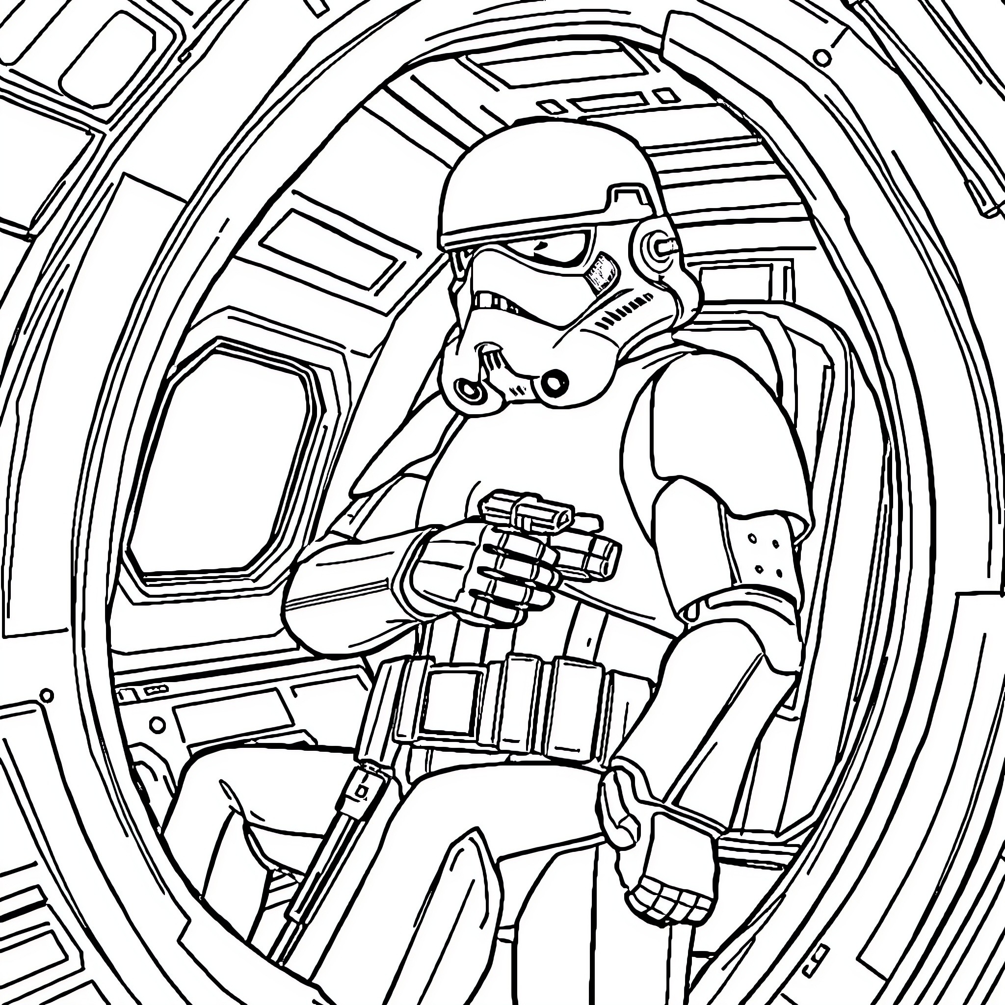 Stormtrooper in a futuristic spacecraft Coloring Page (free black-and-white line drawing printable PDF for all, from beginners to advanced learners, including children, teens, adults, and seniors)