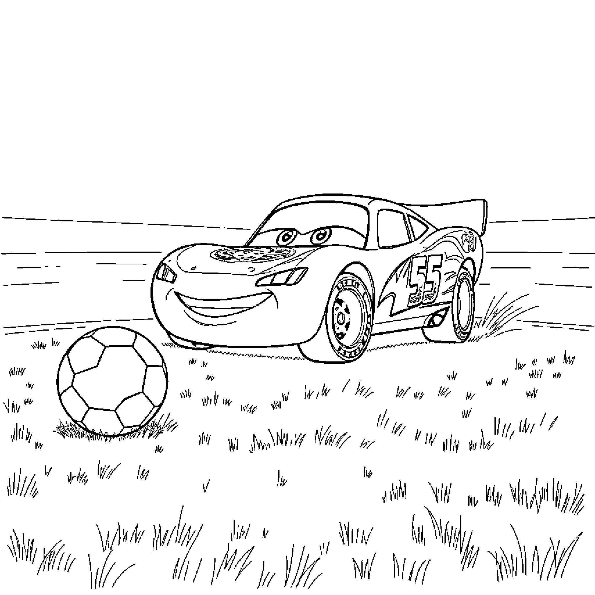 Lightning McQueen playing with soccer ball in the field Coloring Page (free black-and-white line drawing printable PDF for all, from beginners to advanced learners, including children, teens, adults, and seniors)