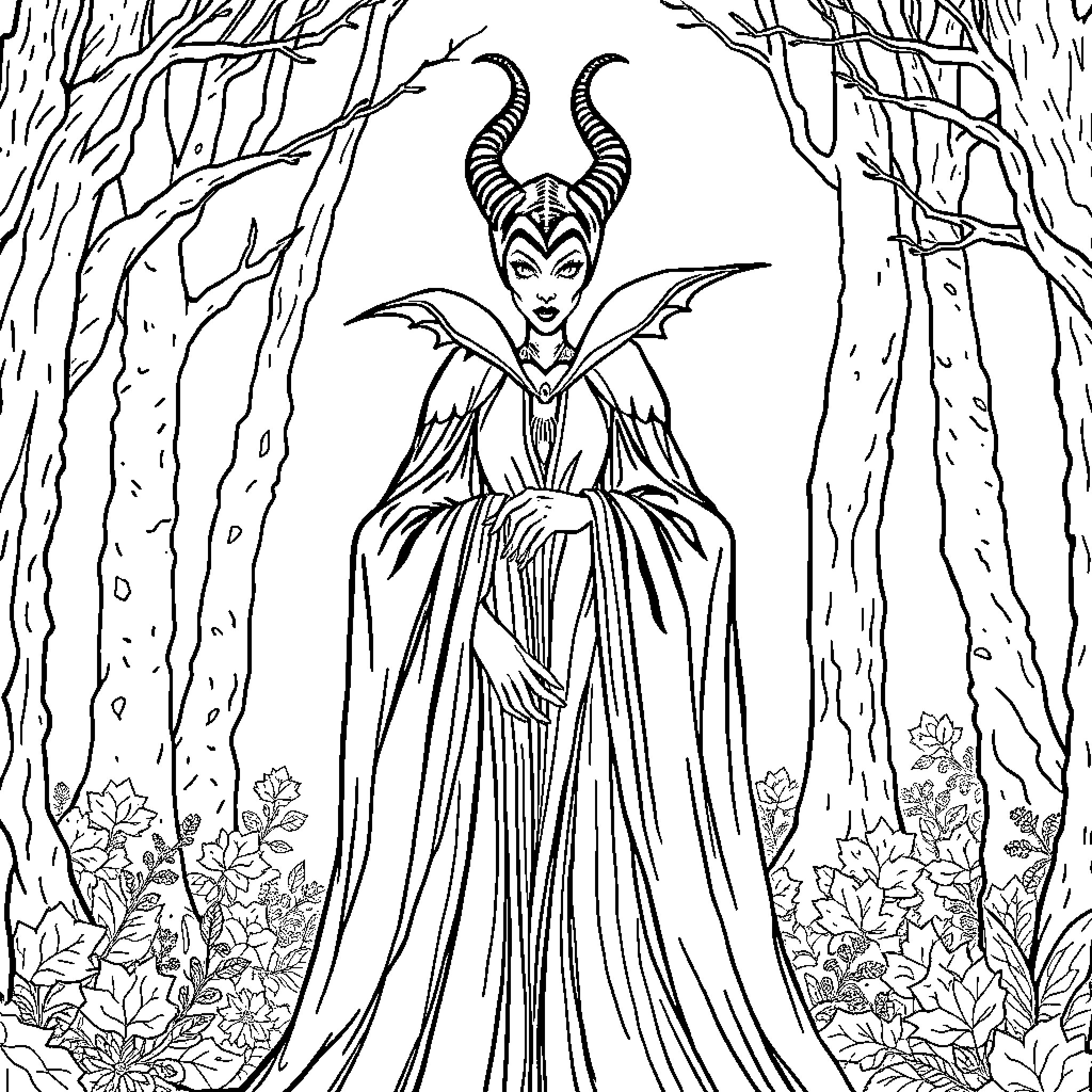 Maleficent in a Mystical Forest Landscape Coloring Page (free black-and-white line drawing printable PDF for all, from beginners to advanced learners, including children, teens, adults, and seniors)