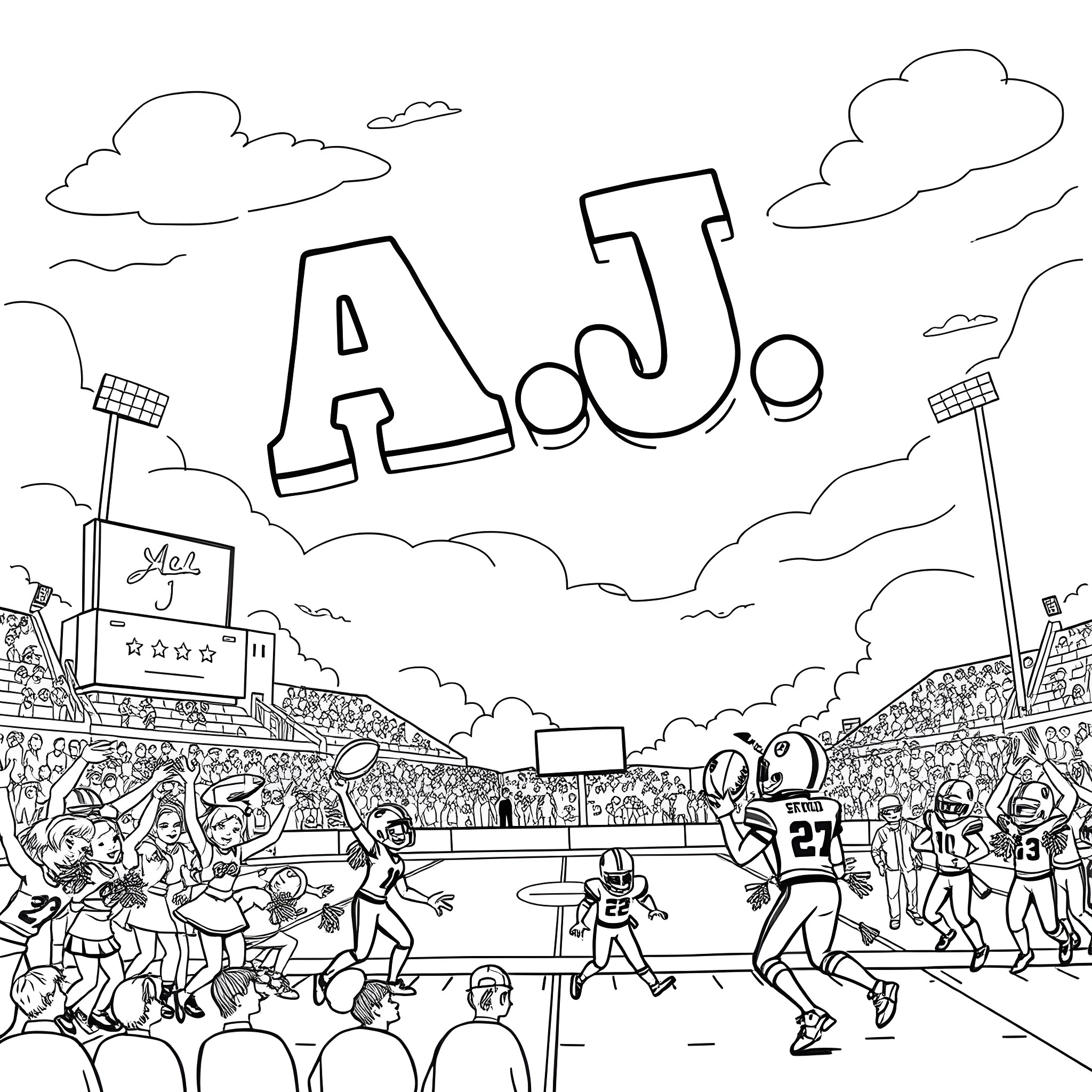 A.J. enjoying an exciting football game Coloring Page (free black-and-white line drawing printable PDF for all, from beginners to advanced learners, including children, teens, adults, and seniors)