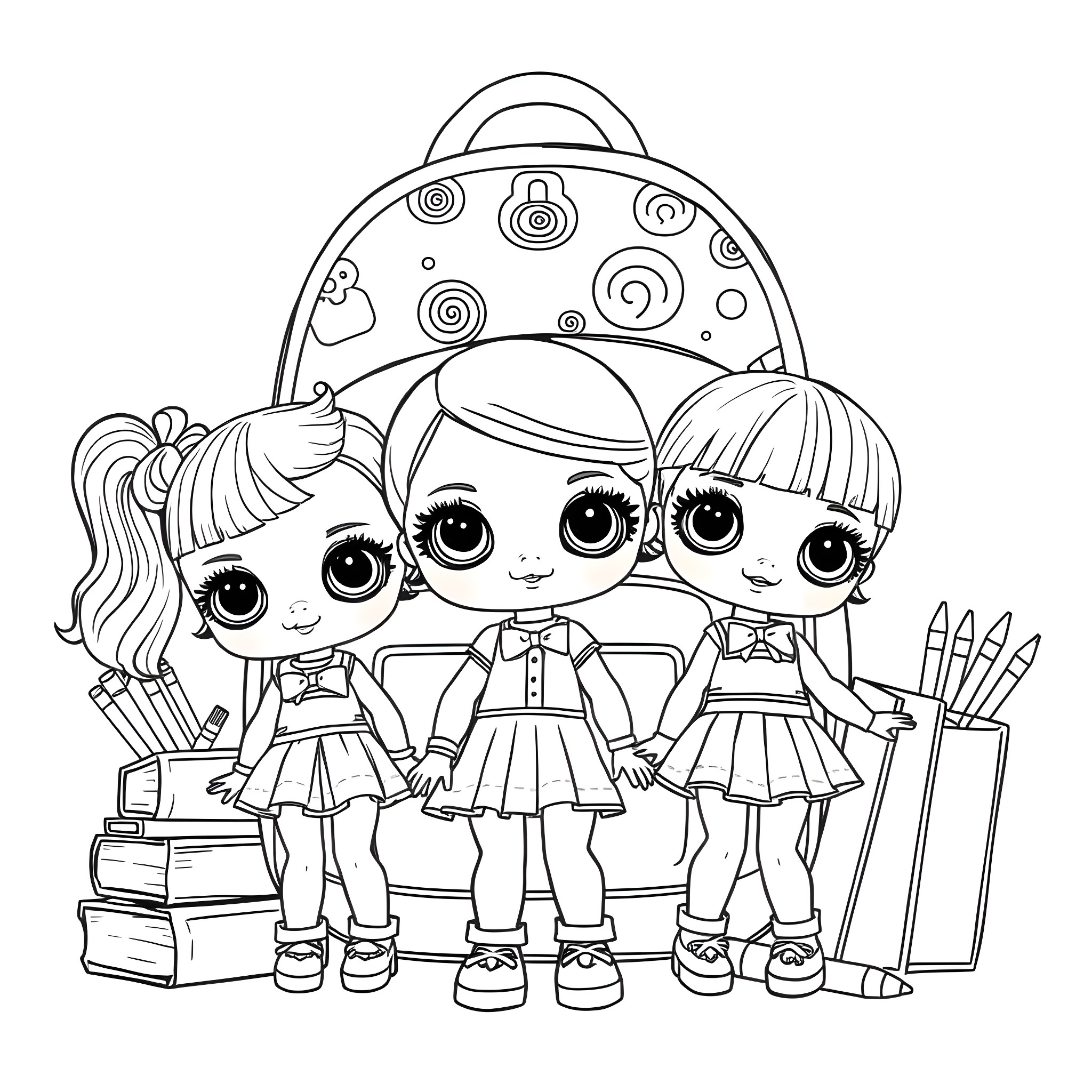 Doll friends with school supplies Coloring Page (free black-and-white line drawing printable PDF for all, from beginners to advanced learners, including children, teens, adults, and seniors)