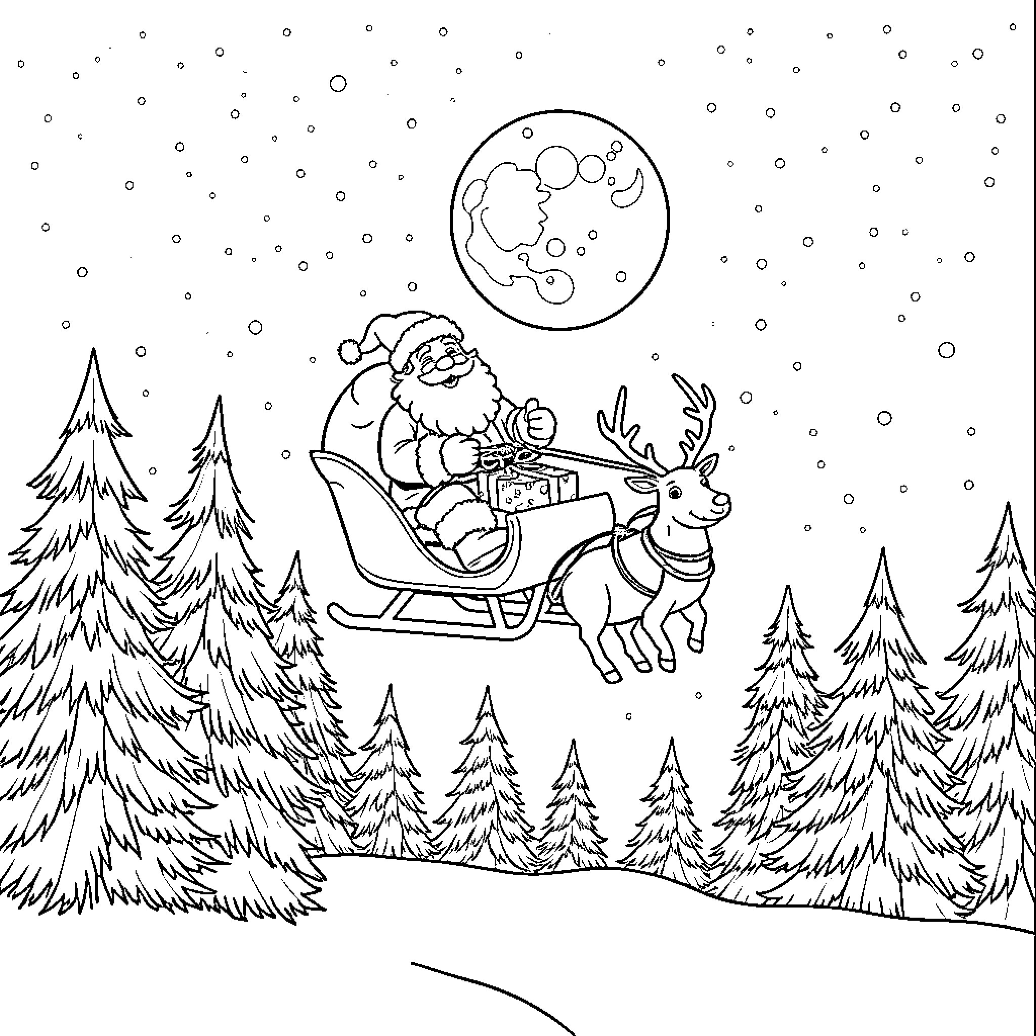 Santa Claus riding his sleigh with reindeer on a snowy night Coloring Page (free black-and-white line drawing printable PDF for all, from beginners to advanced learners, including children, teens, adults, and seniors)