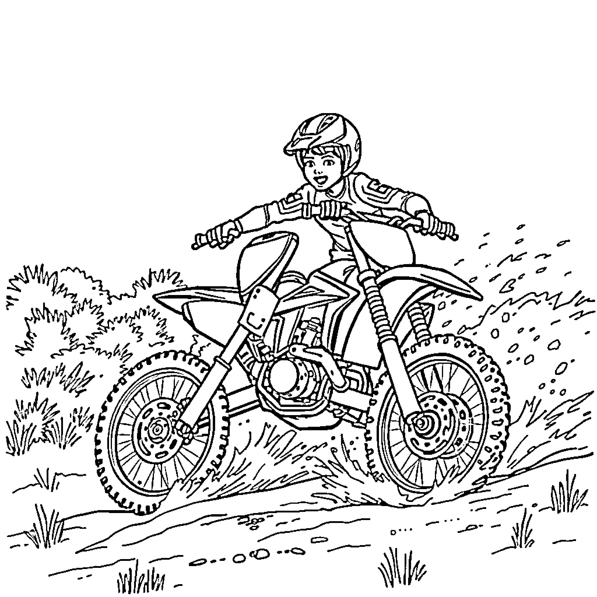Boy riding dirt bike in outdoor terrain Coloring Page (free black-and-white line drawing printable PDF for all, from beginners to advanced learners, including children, teens, adults, and seniors)