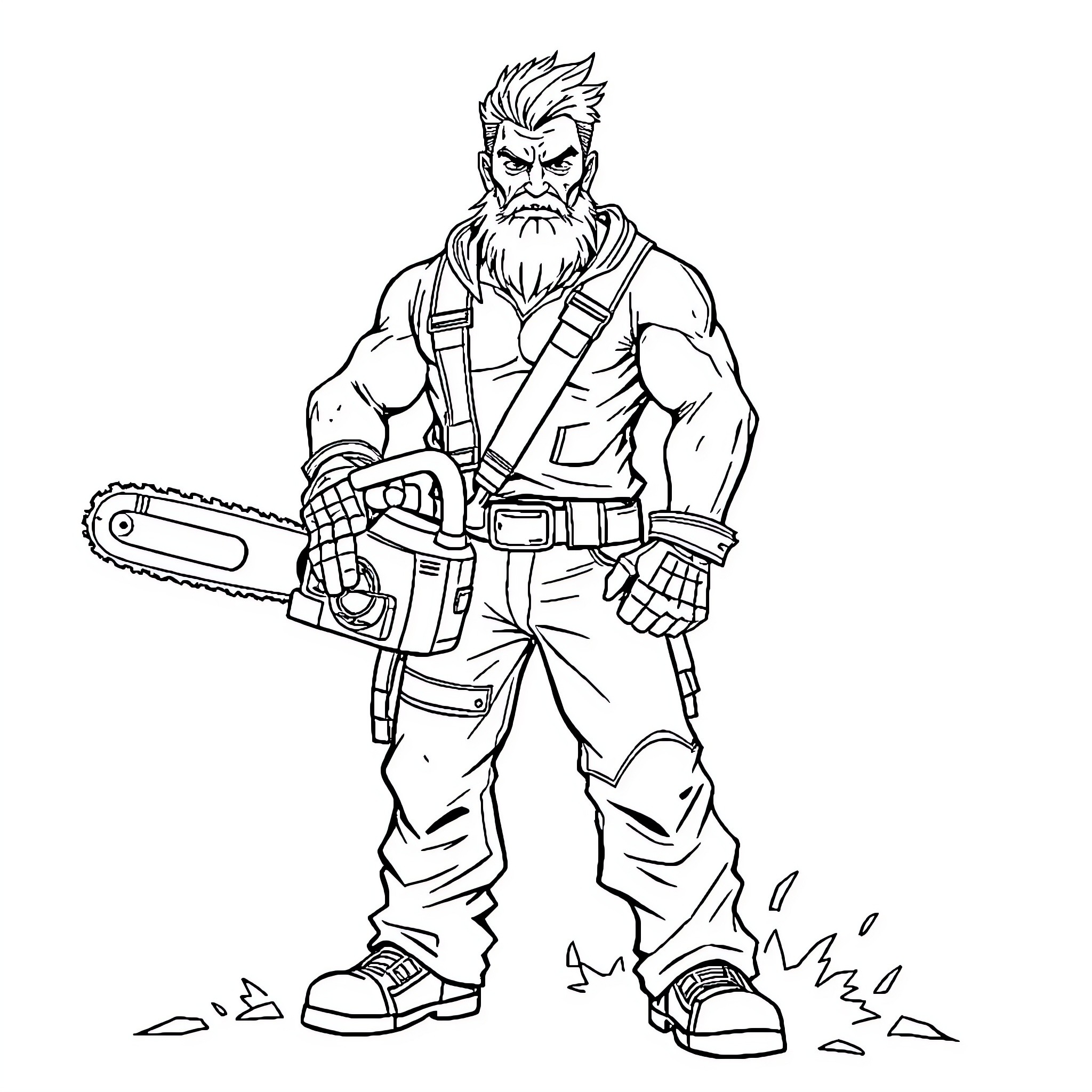 Chainsaw-wielding muscular man in rugged outfit Coloring Page (free black-and-white line drawing printable PDF for all, from beginners to advanced learners, including children, teens, adults, and seniors)