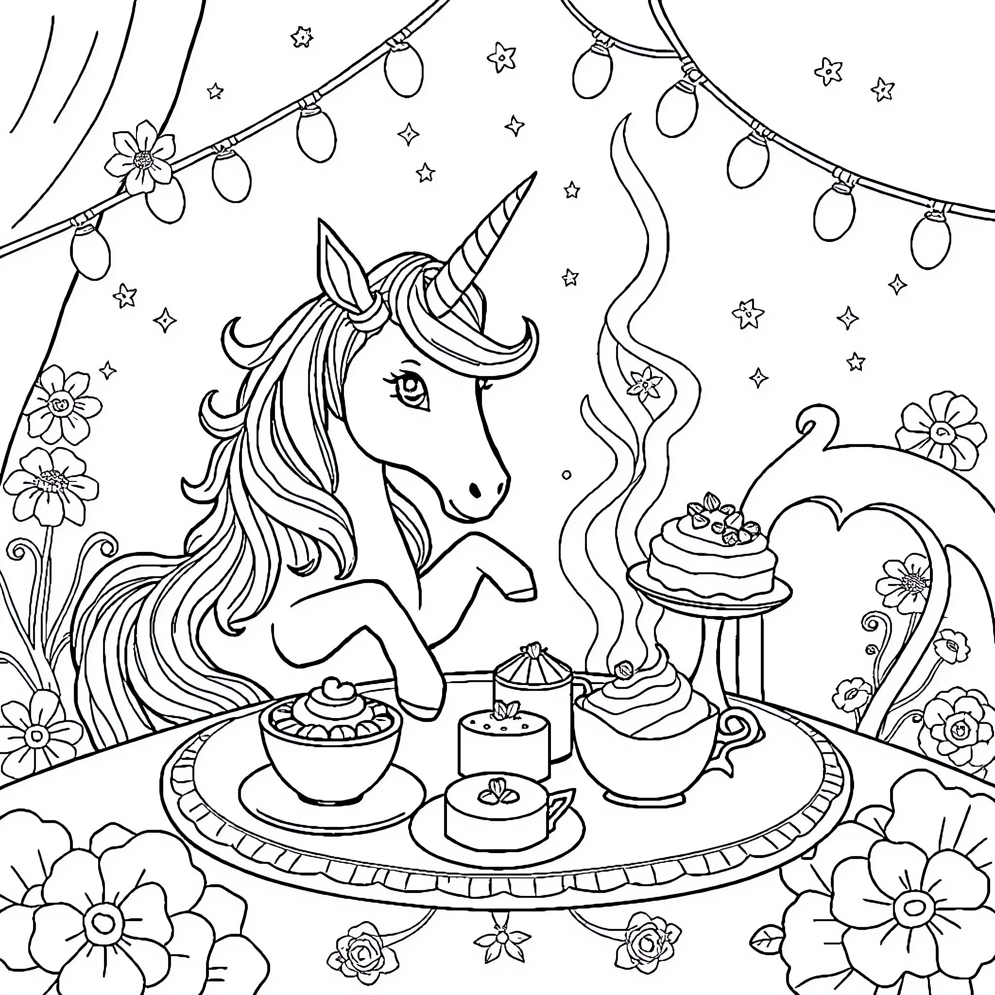 Unicorn Enjoying a Magical Tea Party Surrounded by Flowers Coloring Page (free black-and-white line drawing printable PDF for all, from beginners to advanced learners, including children, teens, adults, and seniors)