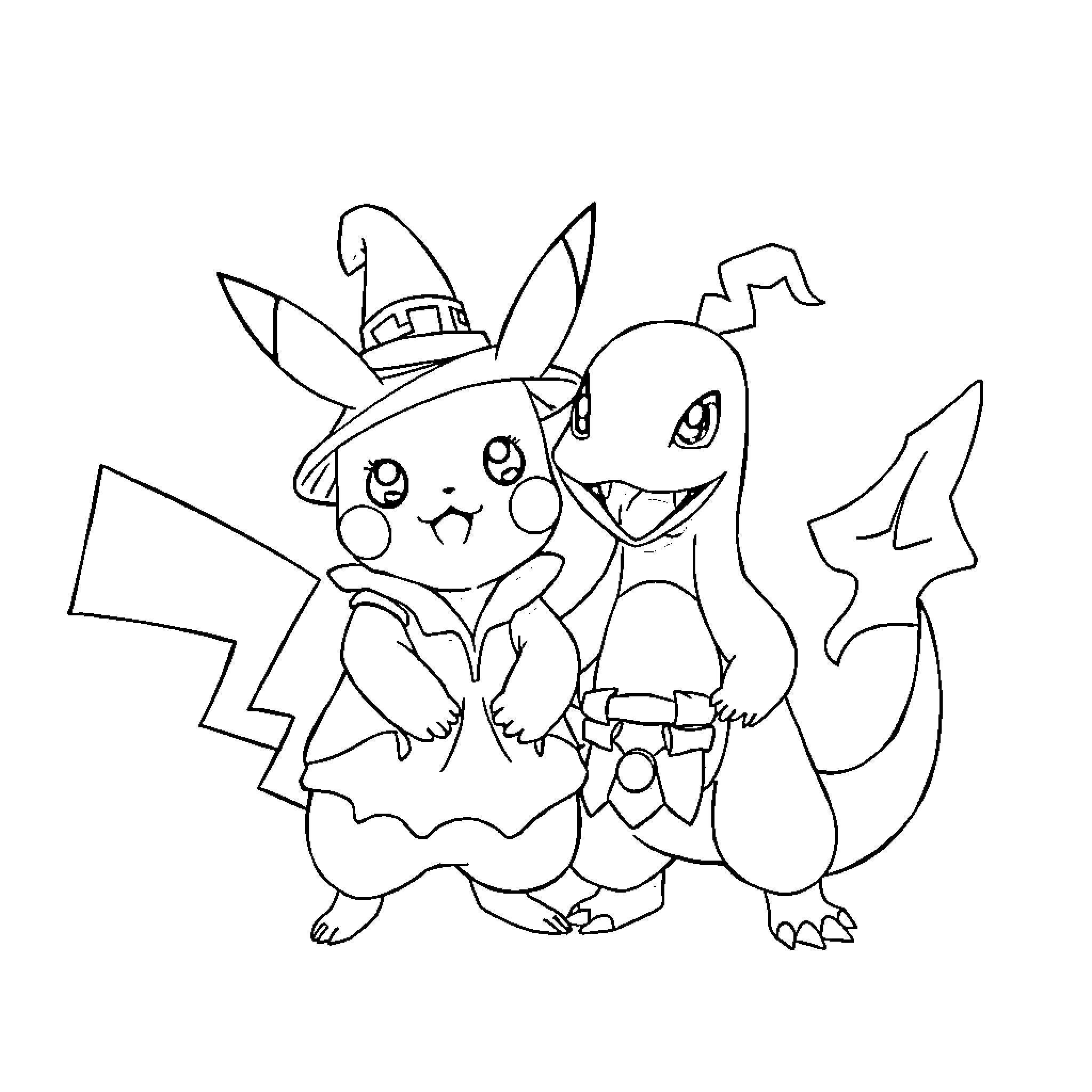 Pokémon characters in festive costumes Coloring Page (free black-and-white line drawing printable PDF for all, from beginners to advanced learners, including children, teens, adults, and seniors)
