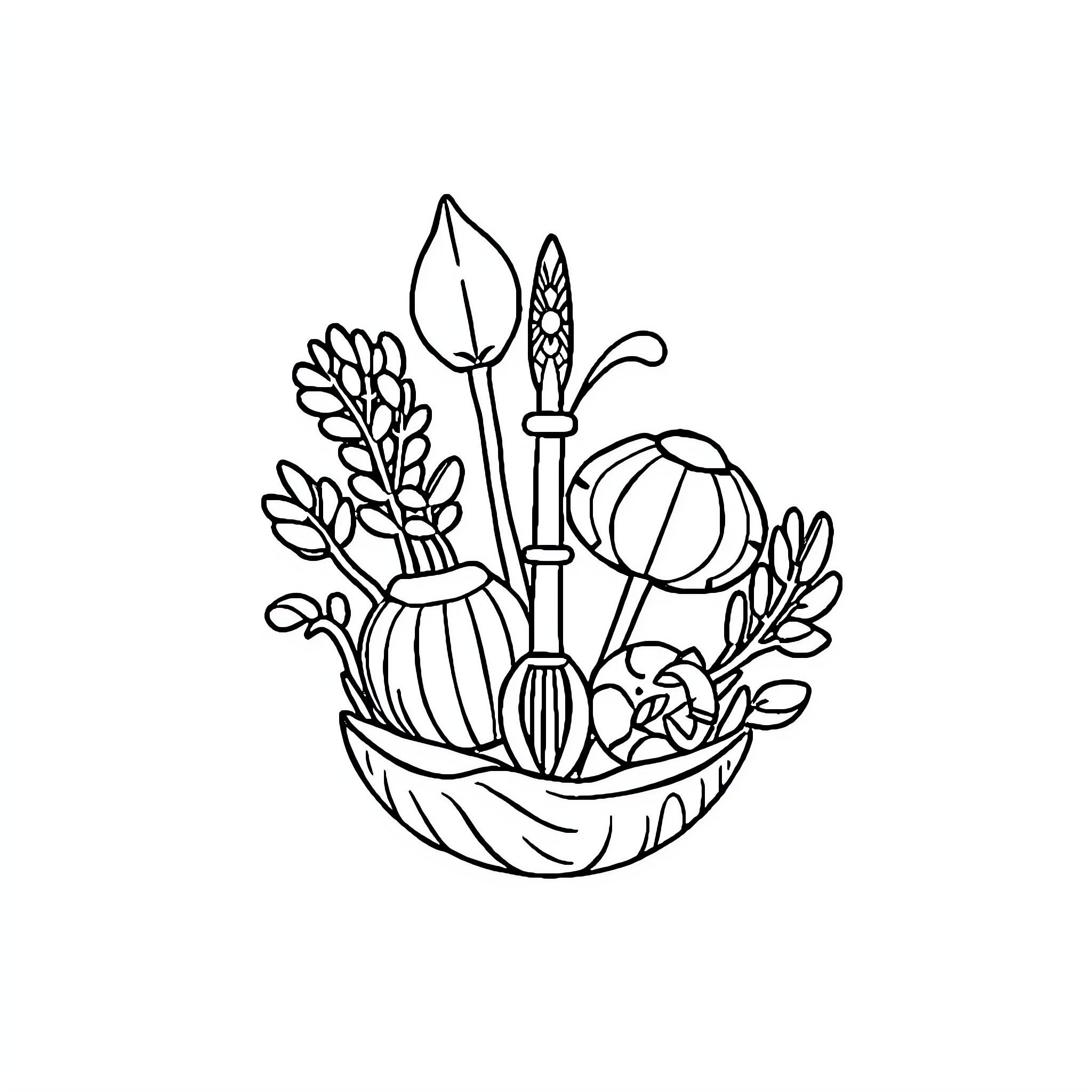 Logo with various floral elements in a bowl Coloring Page (free black-and-white line drawing printable PDF for all, from beginners to advanced learners, including children, teens, adults, and seniors)