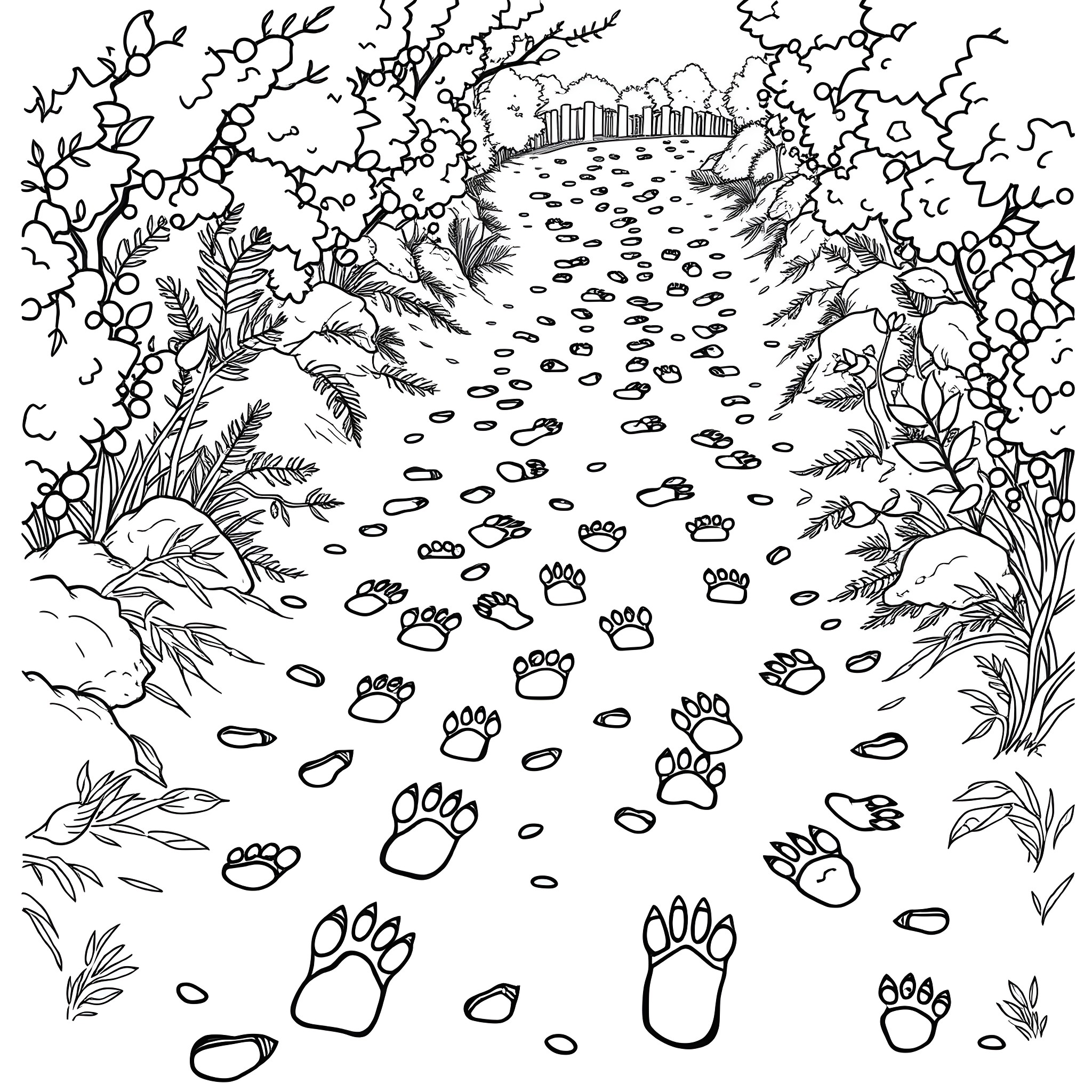 Animal Footprint Path Through Forest Landscape Coloring Page (free black-and-white line drawing printable PDF for all, from beginners to advanced learners, including children, teens, adults, and seniors)