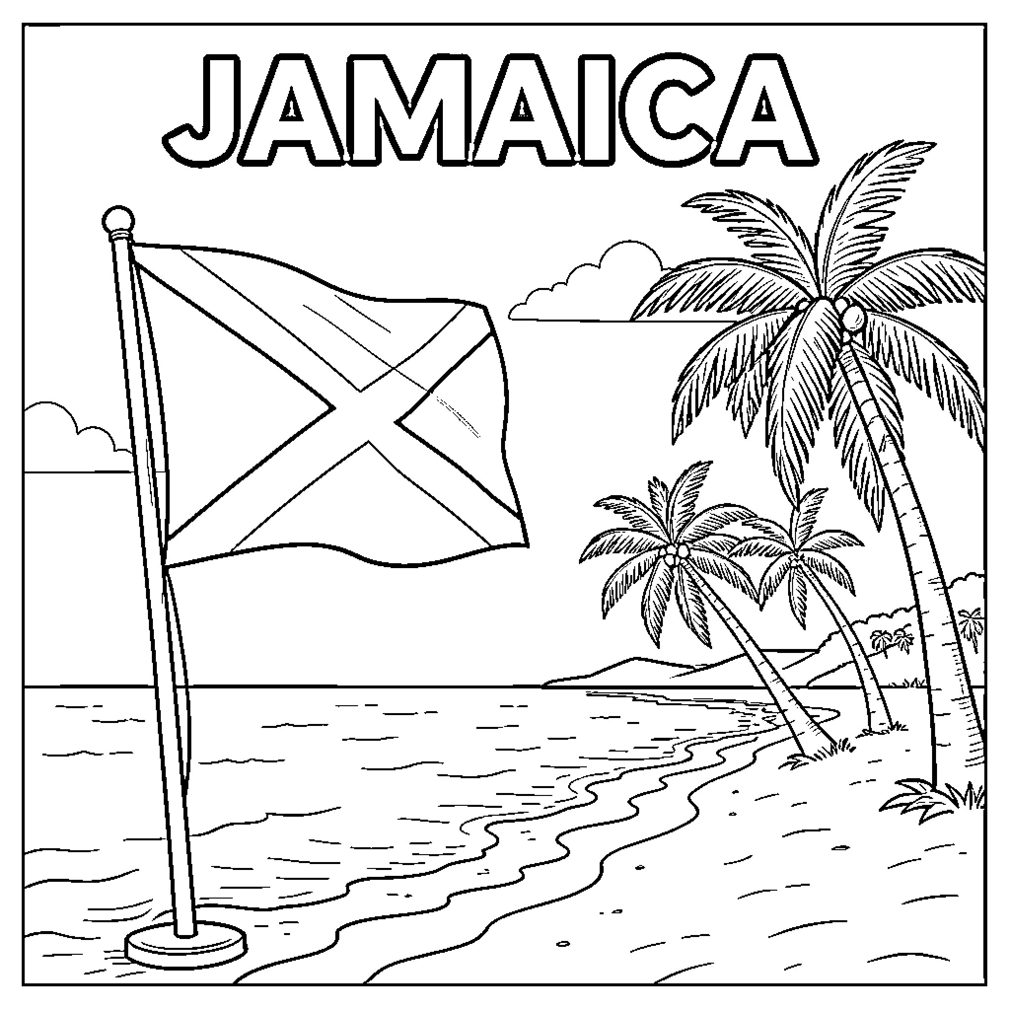 Jamaica flag waving on a tropical beach Coloring Page (free black-and-white line drawing printable PDF for all, from beginners to advanced learners, including children, teens, adults, and seniors)