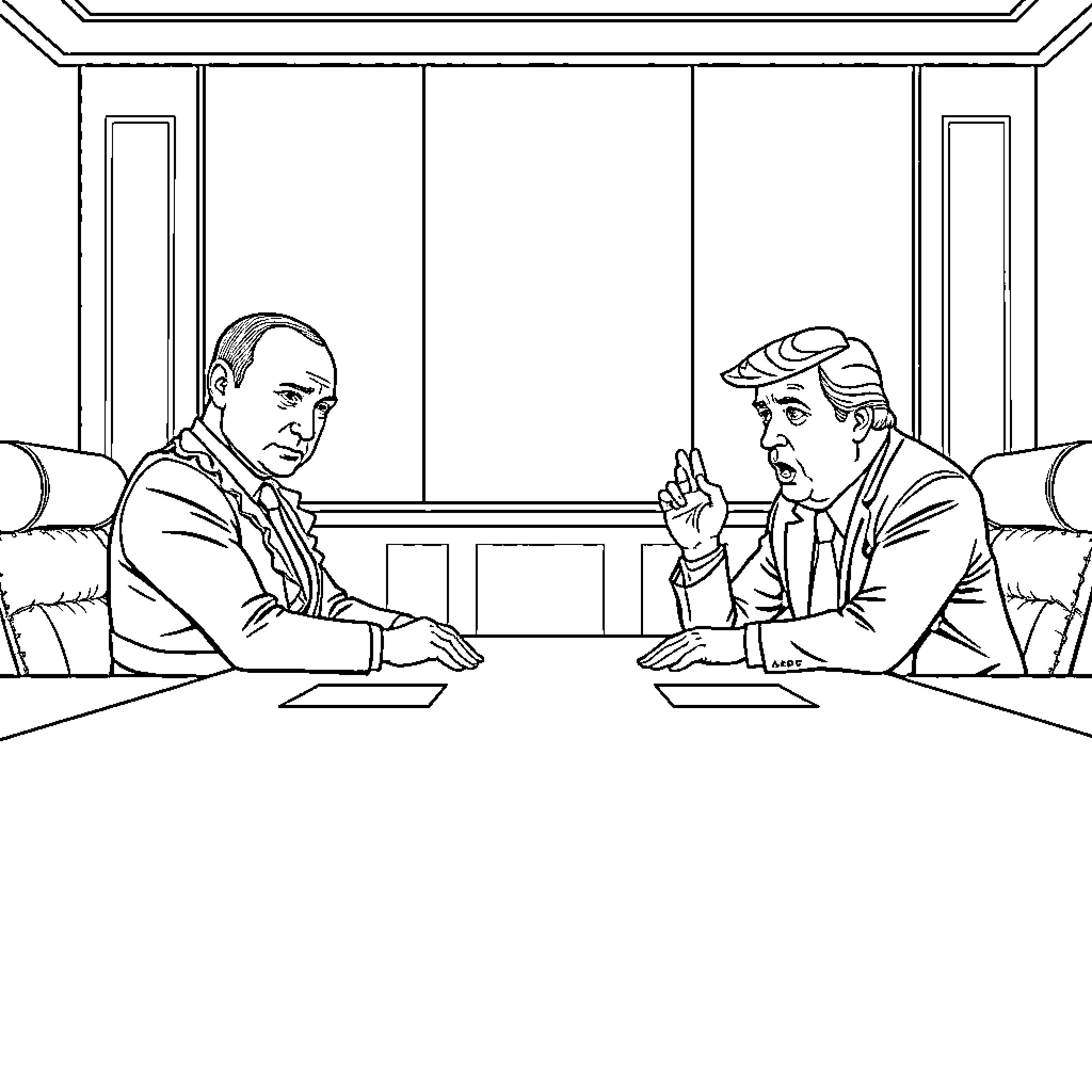 Putin discussing with Trump in the Oval Office Coloring Page (free black-and-white line drawing printable PDF for all, from beginners to advanced learners, including children, teens, adults, and seniors)