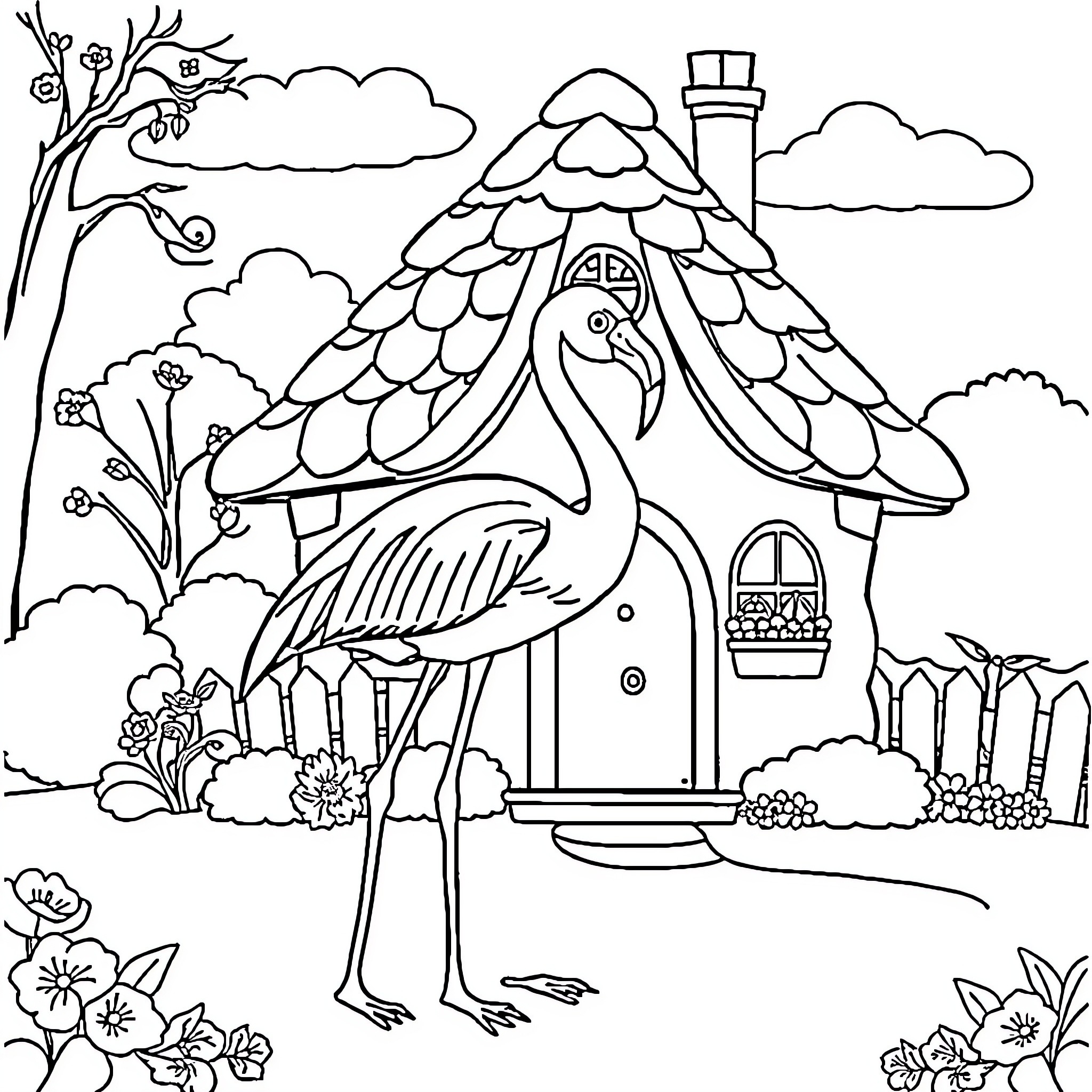 Flamingo standing outside a whimsical cottage Coloring Page (free black-and-white line drawing printable PDF for all, from beginners to advanced learners, including children, teens, adults, and seniors)