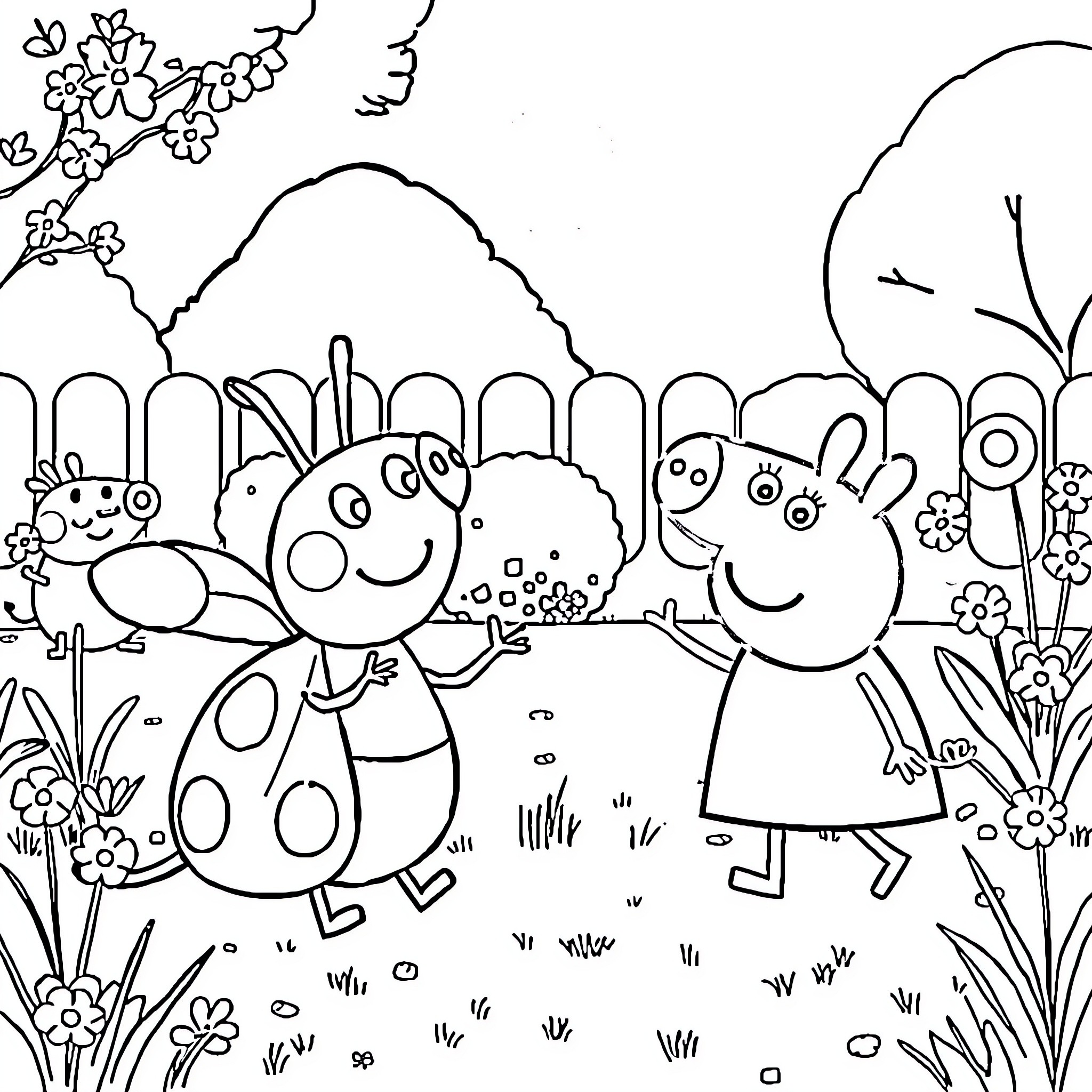 Pat and Peppa enjoy a spring day in the garden Coloring Page (free black-and-white line drawing printable PDF for all, from beginners to advanced learners, including children, teens, adults, and seniors)