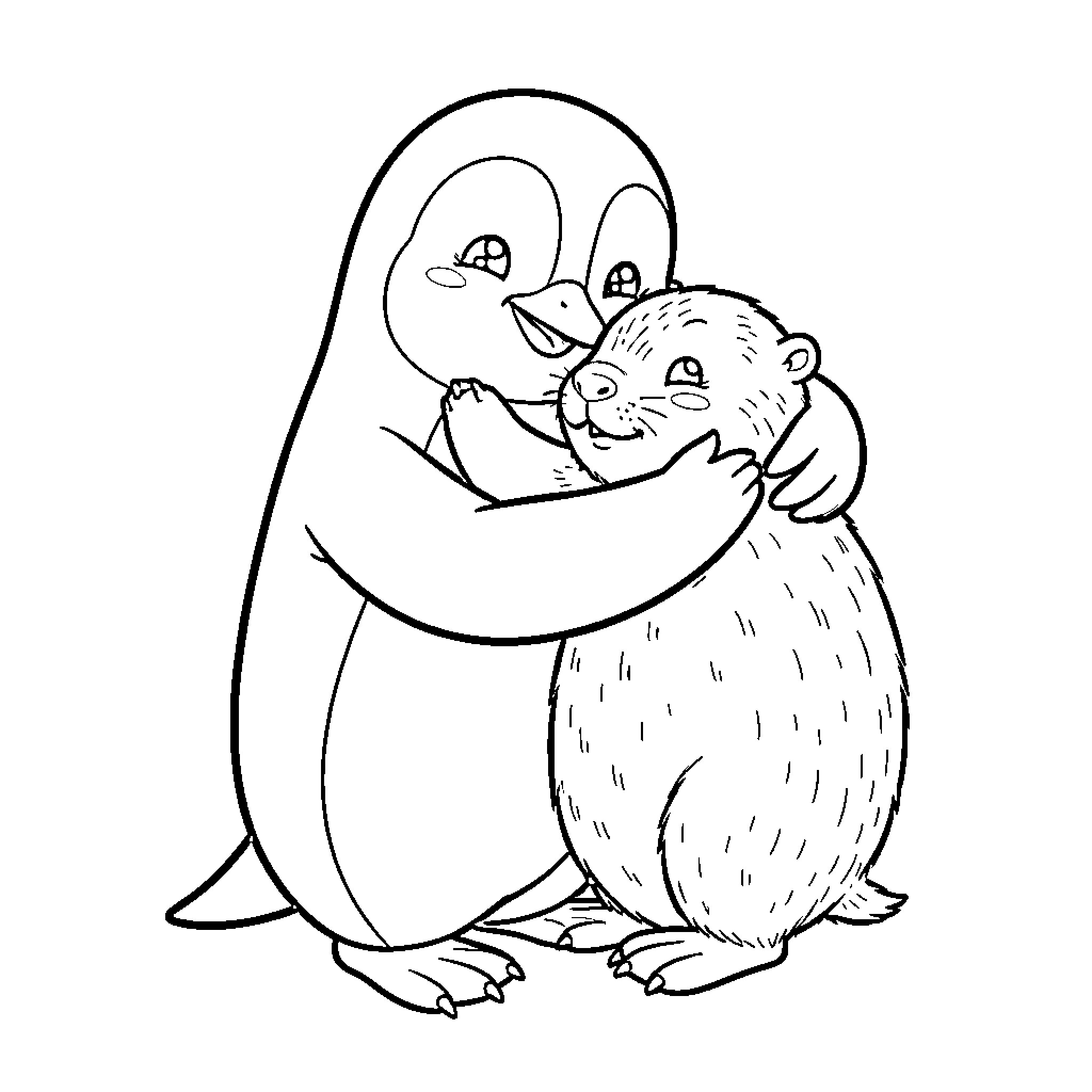 Penguin embracing and comforting a fluffy companion Coloring Page (free black-and-white line drawing printable PDF for all, from beginners to advanced learners, including children, teens, adults, and seniors)