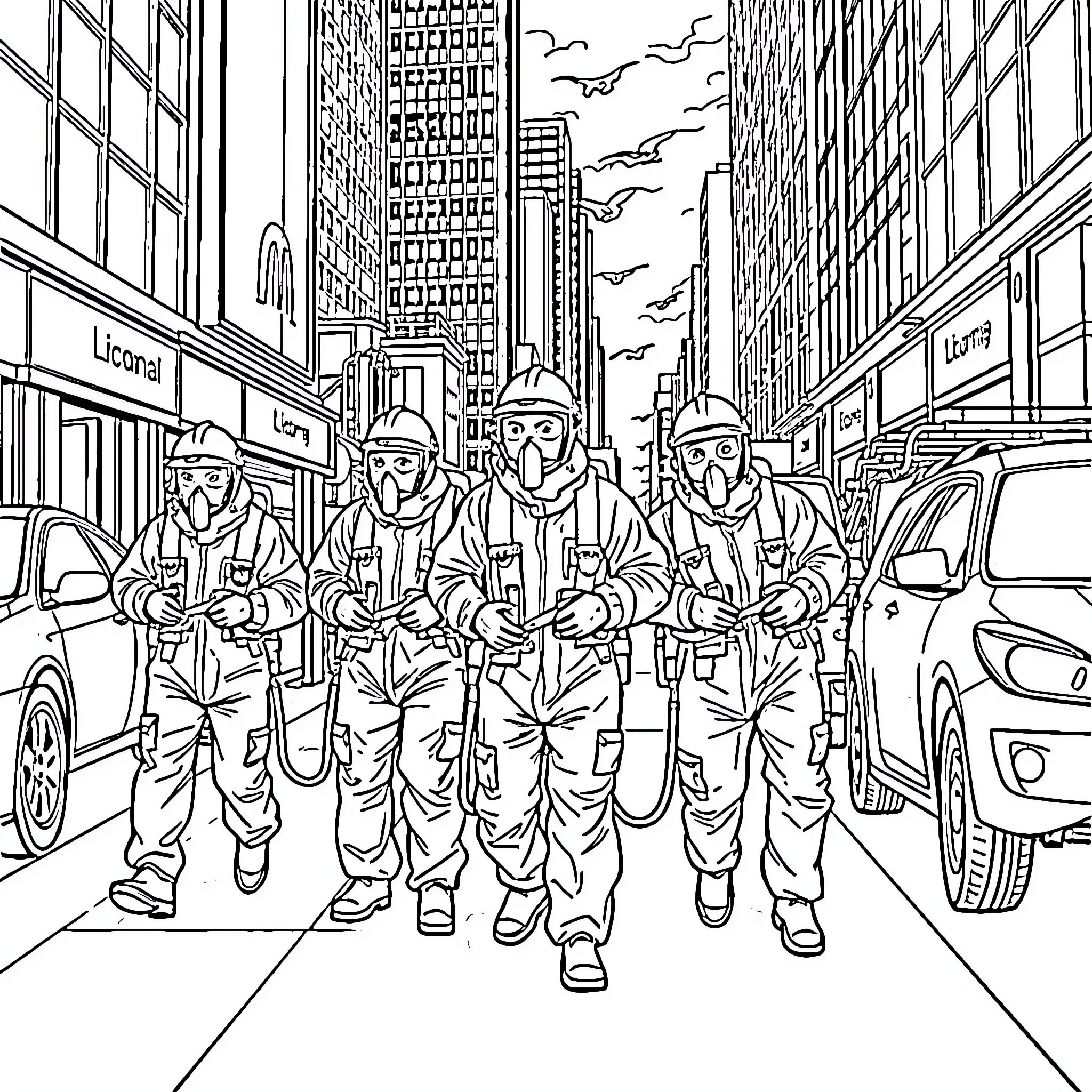 Hazmat Team Responding to Emergency in City Streets Coloring Page (free black-and-white line drawing printable PDF for all, from beginners to advanced learners, including children, teens, adults, and seniors)