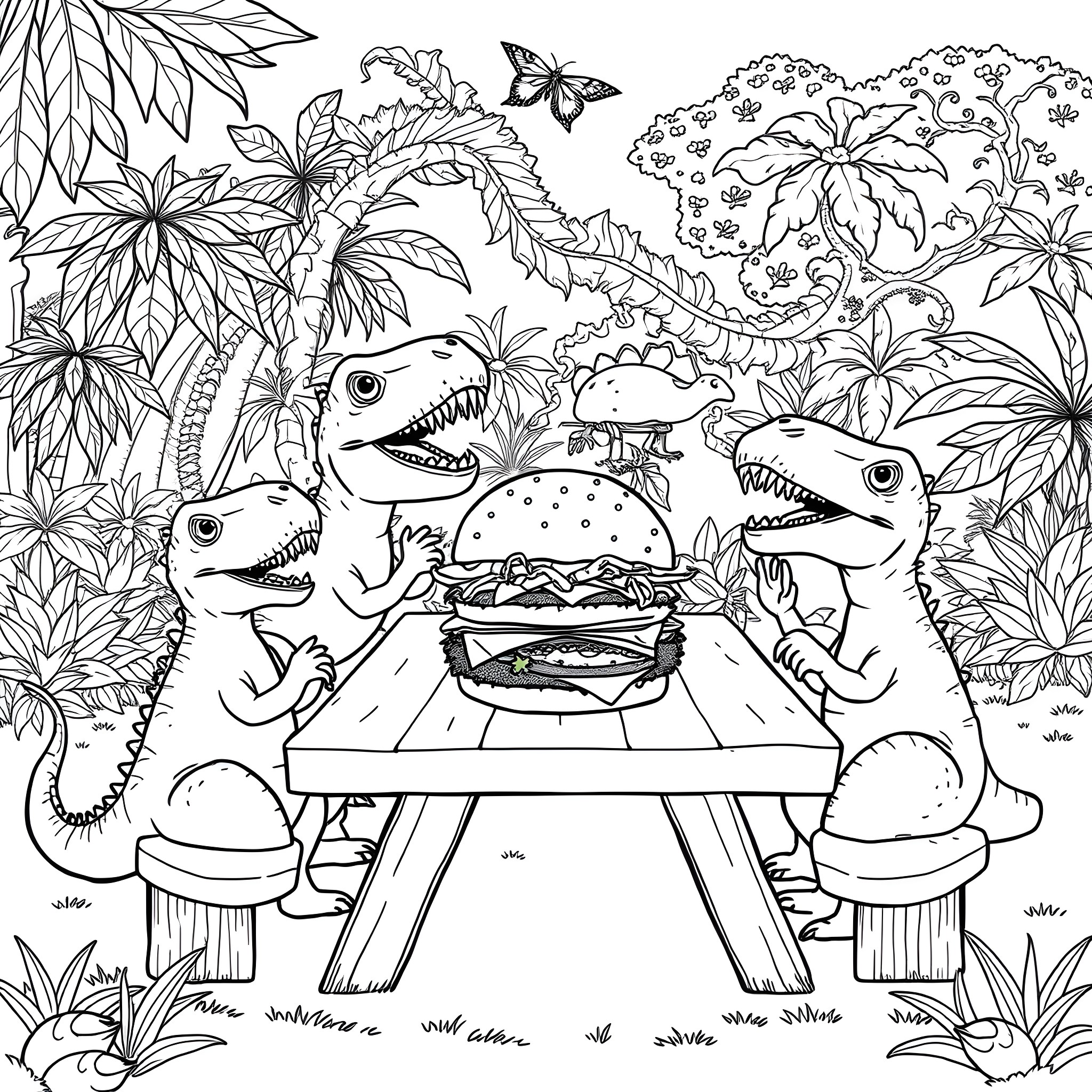 Dinosaur friends enjoying a picnic in the forest Coloring Page (free black-and-white line drawing printable PDF for all, from beginners to advanced learners, including children, teens, adults, and seniors)