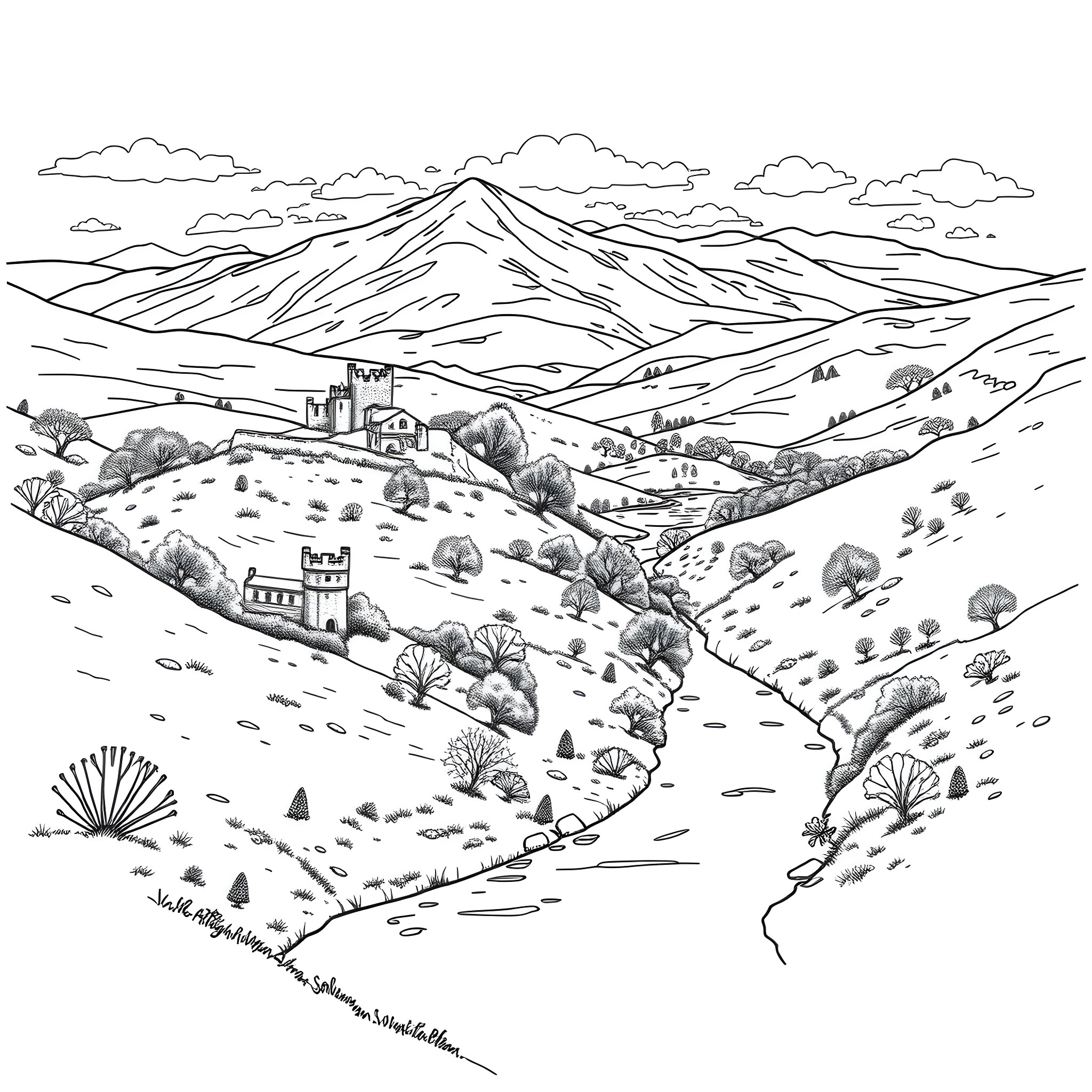 Bluey's Scenic Mountain Adventure Coloring Page (free black-and-white line drawing printable PDF for all, from beginners to advanced learners, including children, teens, adults, and seniors)