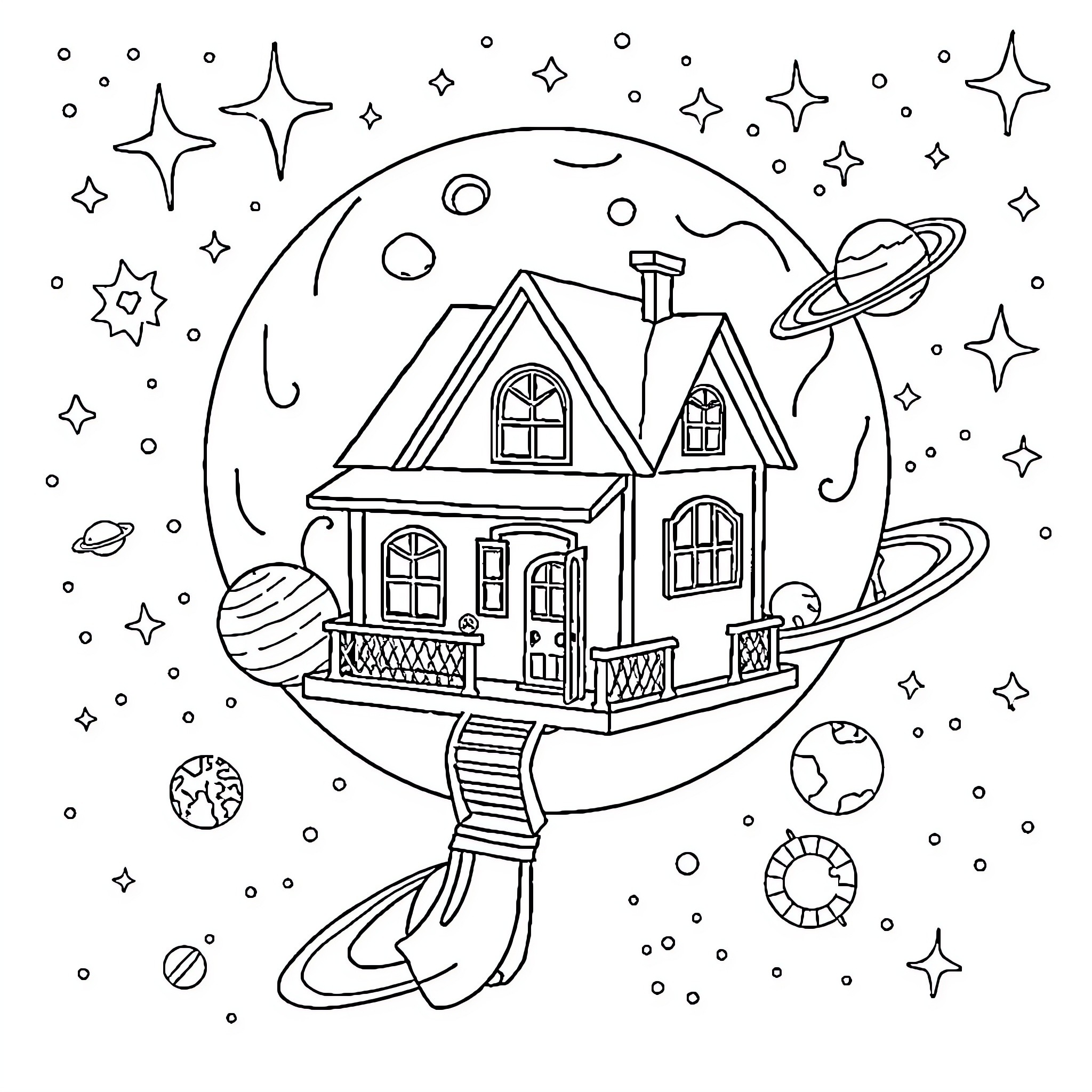 Gabby Dollhouse in Outer Space Adventure Coloring Page (free black-and-white line drawing printable PDF for all, from beginners to advanced learners, including children, teens, adults, and seniors)